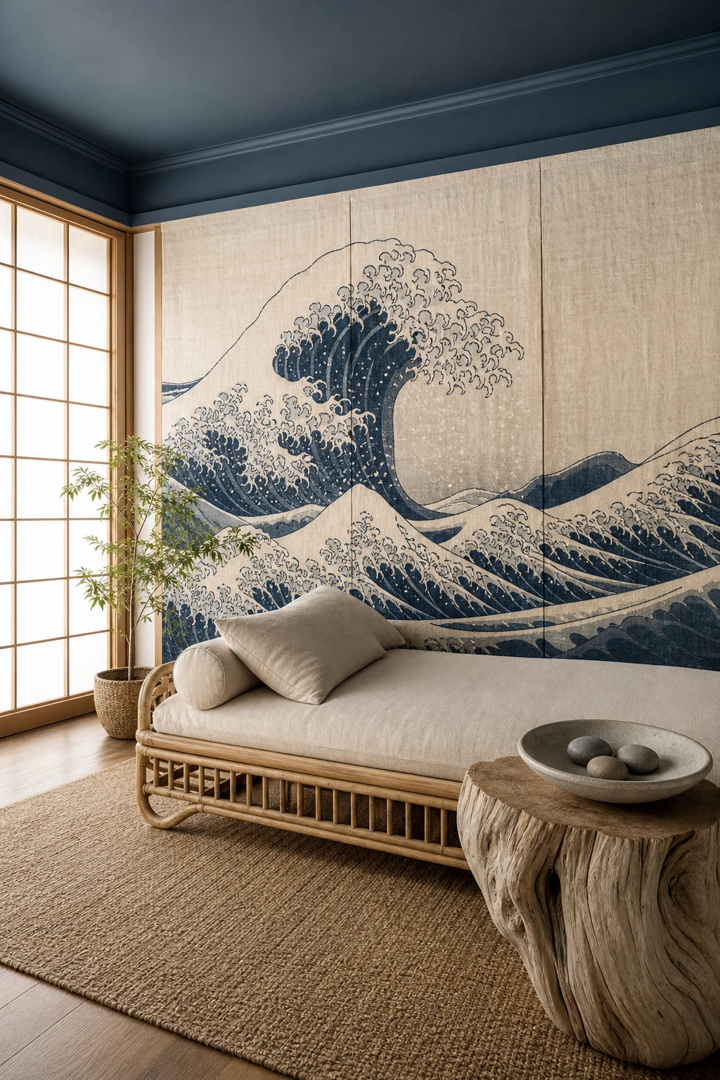 Japanese coastal living room with wave motif hero on a linen panel, Stone Blue walls, rattan furniture, shoji screen, and driftwood floor in soft morning light