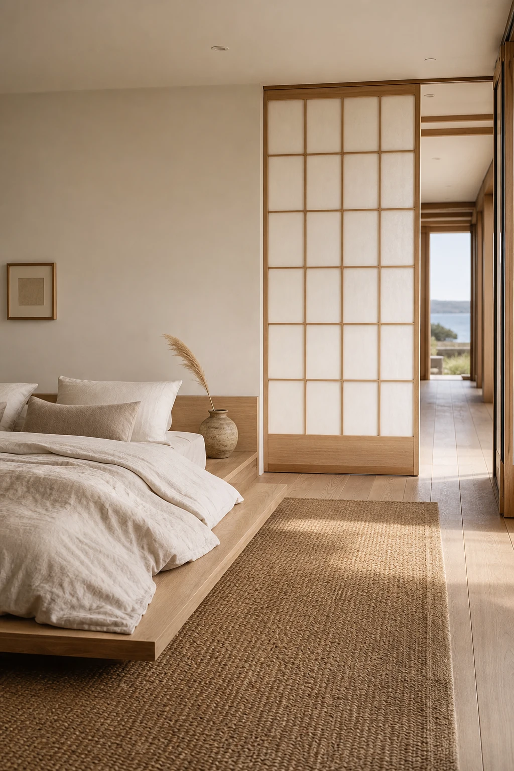 Japanese coastal minimalist bedroom with a low platform bed, linen bedding, shoji screen panels, woven seagrass floor mat, and Farrow and Ball Clunch painted walls in warm white