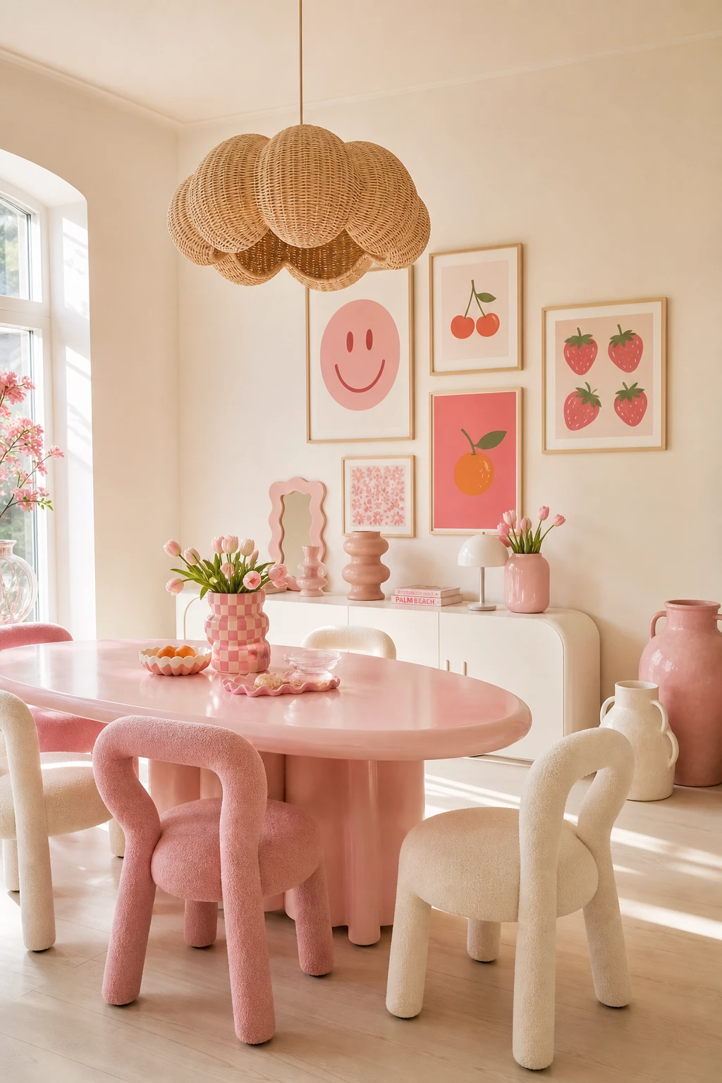 Kawaii playful pink and white dining room with rounded pastel furniture, cloud pendant light, and Farrow and Ball Blanc De Chine walls