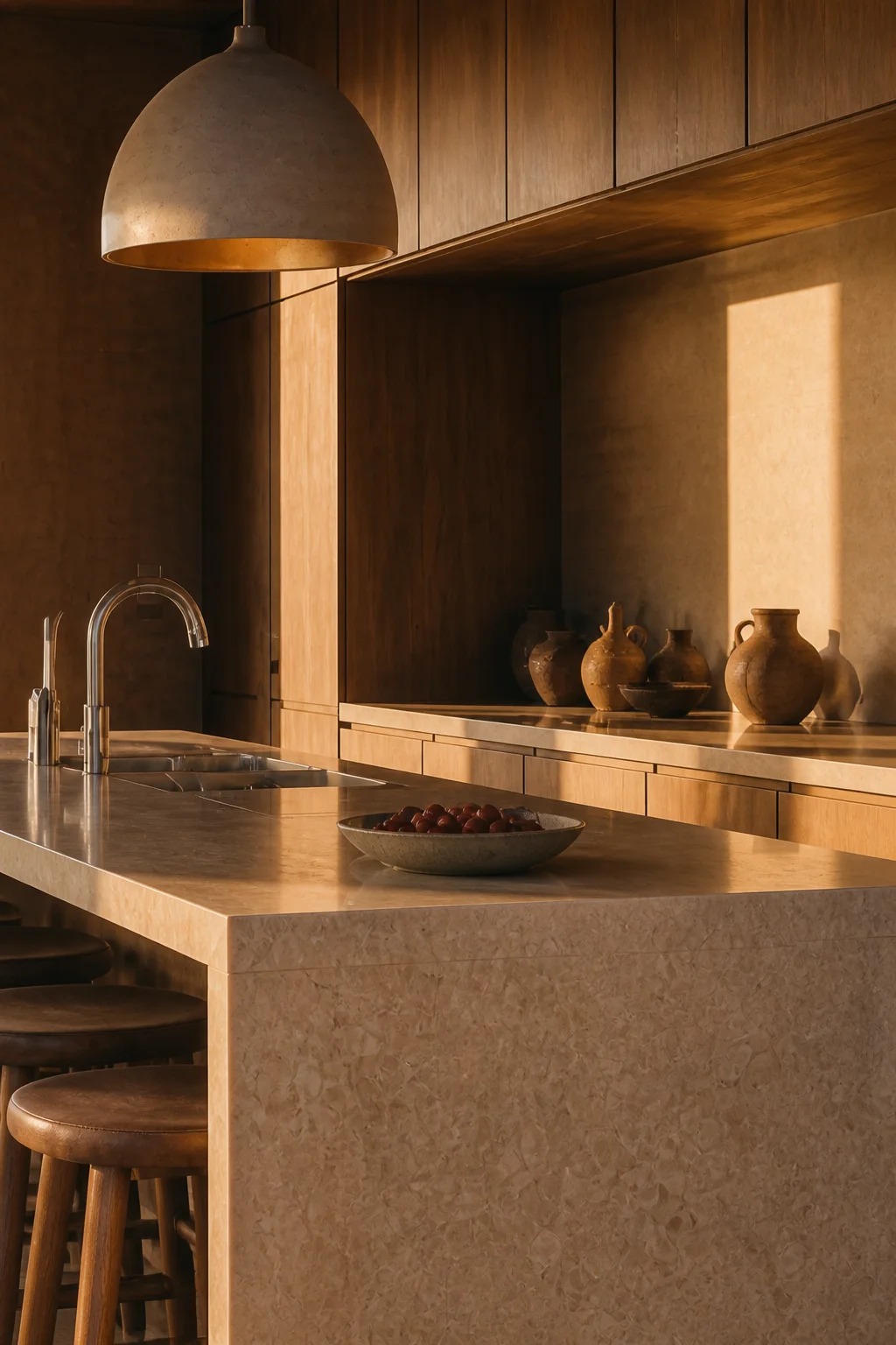 kitchen detail at Baja Earth House in Baja California Sur in an original fictional editorial architecture story about material, landscape, light and the calm sequence of rooms.....