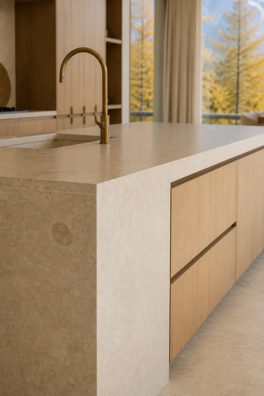 kitchen detail at the Slovenian Alpine House in the Julian Alps in an original fictional editorial architecture story about material, landscape, light and the calm sequence of room