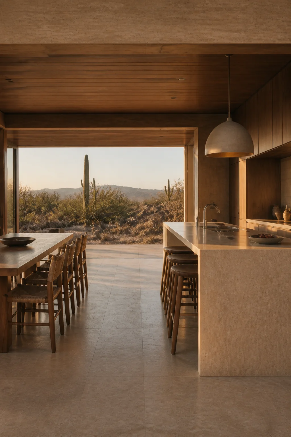 kitchen master at Baja Earth House in Baja California Sur in an original fictional editorial architecture story about material, landscape, light and the calm sequence of rooms.....
