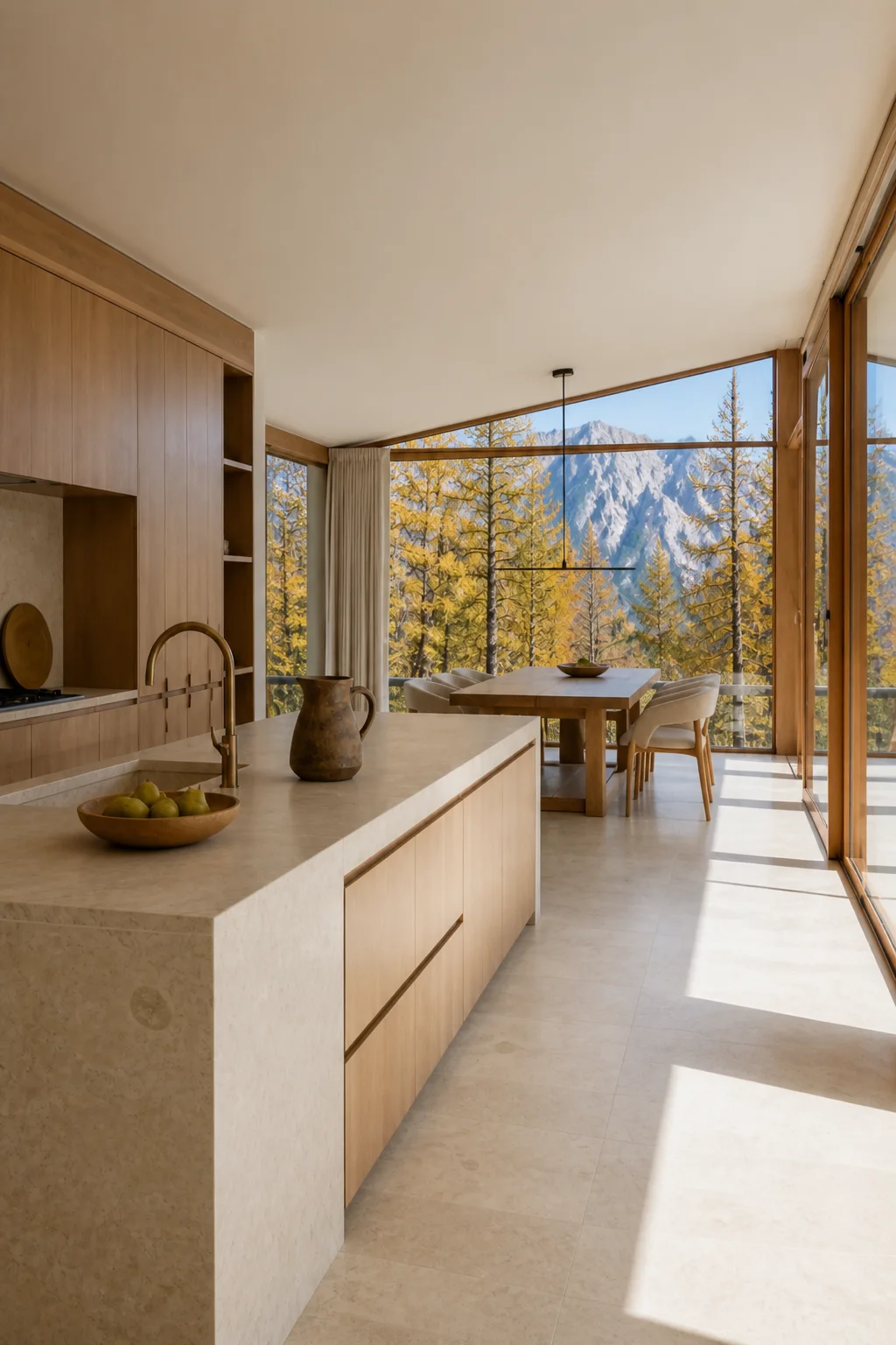 kitchen master at the Slovenian Alpine House in the Julian Alps in an original fictional editorial architecture story about material, landscape, light and the calm sequence of room