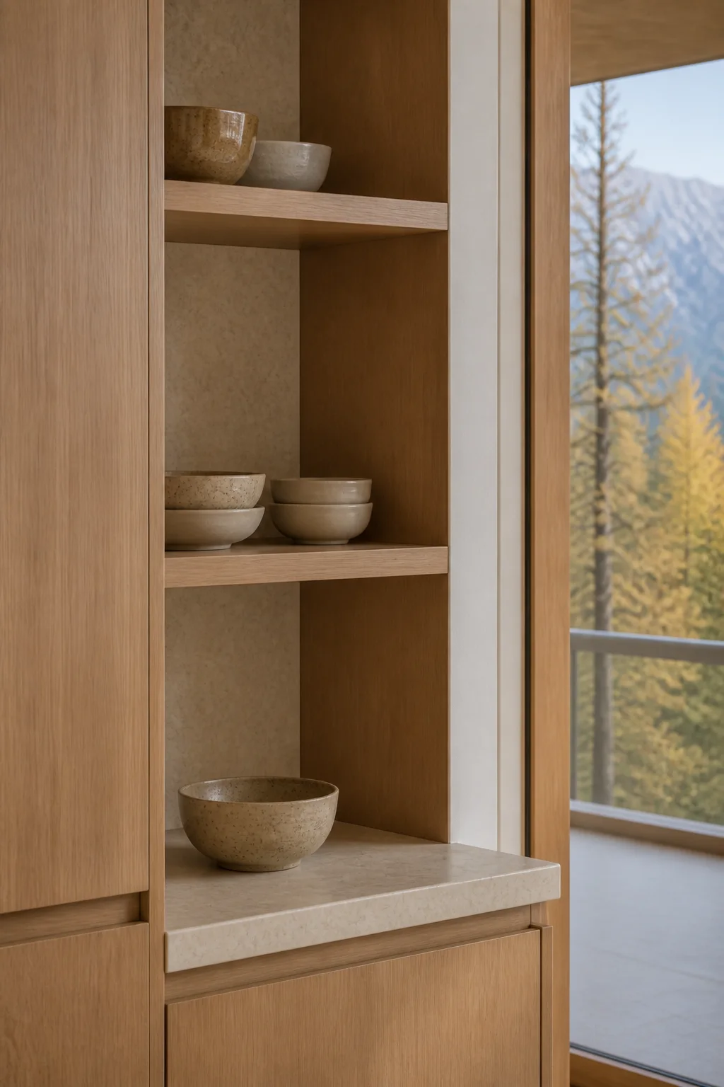 kitchen shelf at the Slovenian Alpine House in the Julian Alps in an original fictional editorial architecture story about material, landscape, light and the calm sequence of rooms
