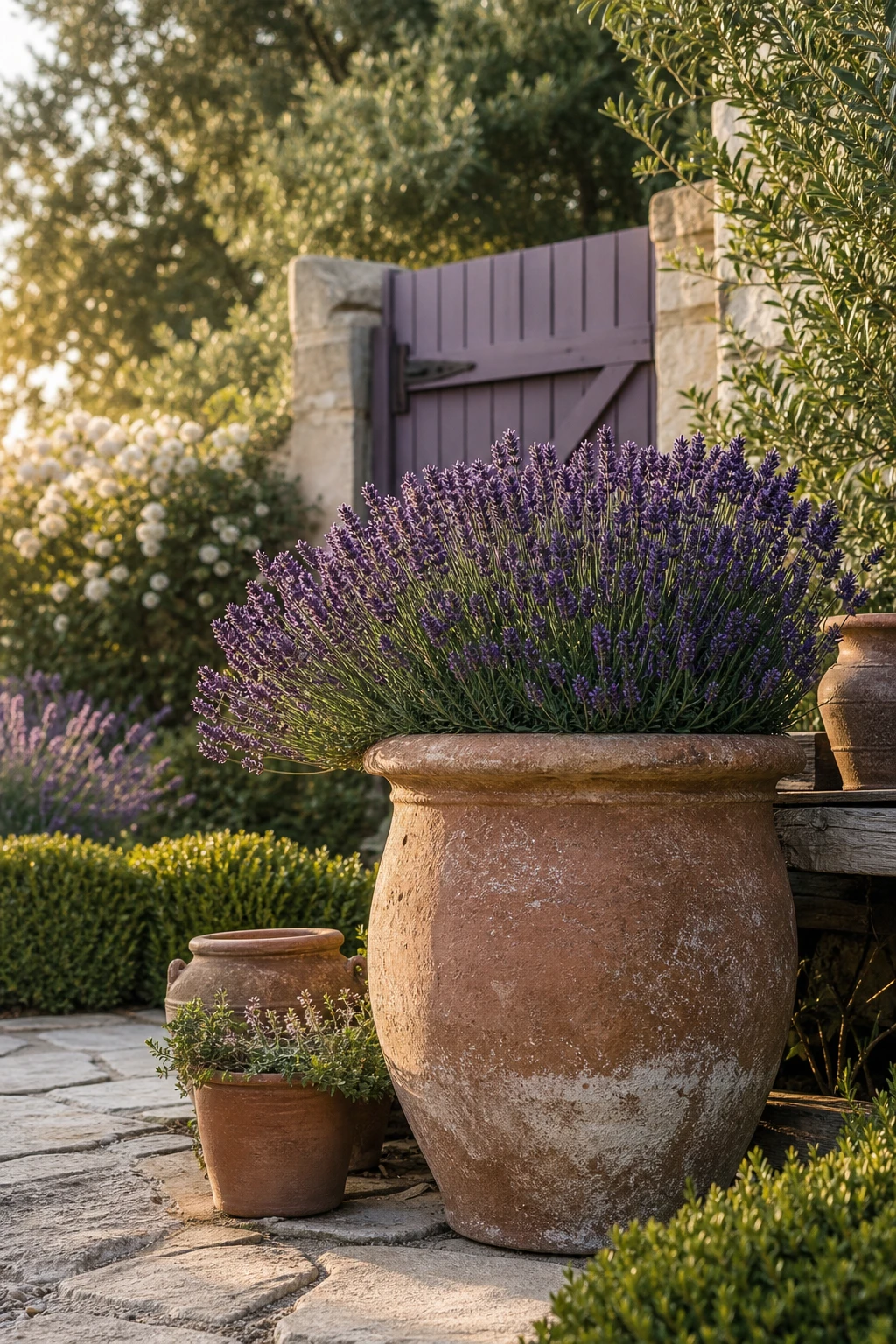Large terracotta pot overflowing with purple lavender on a sun warmed garden terrace, with Farrow & Ball Calluna painted timber garden gate in background