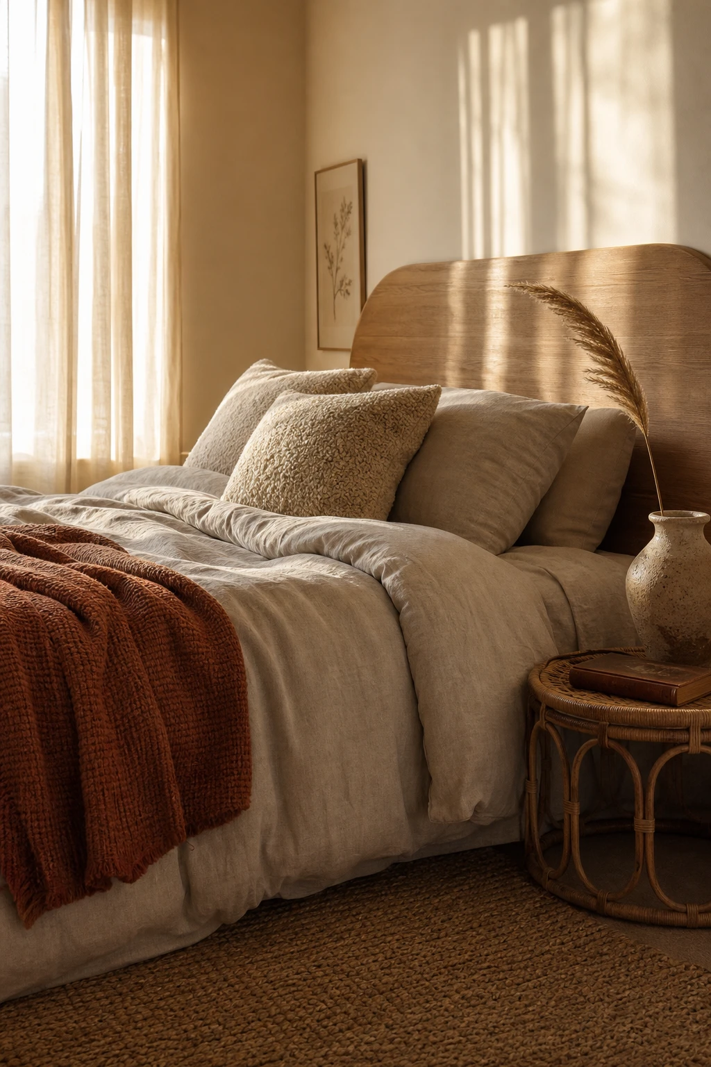 Layered earthy neutral bedroom with linen bedding, terracotta cushions, woven throw, timber headboard and warm Tallow painted walls in soft morning light