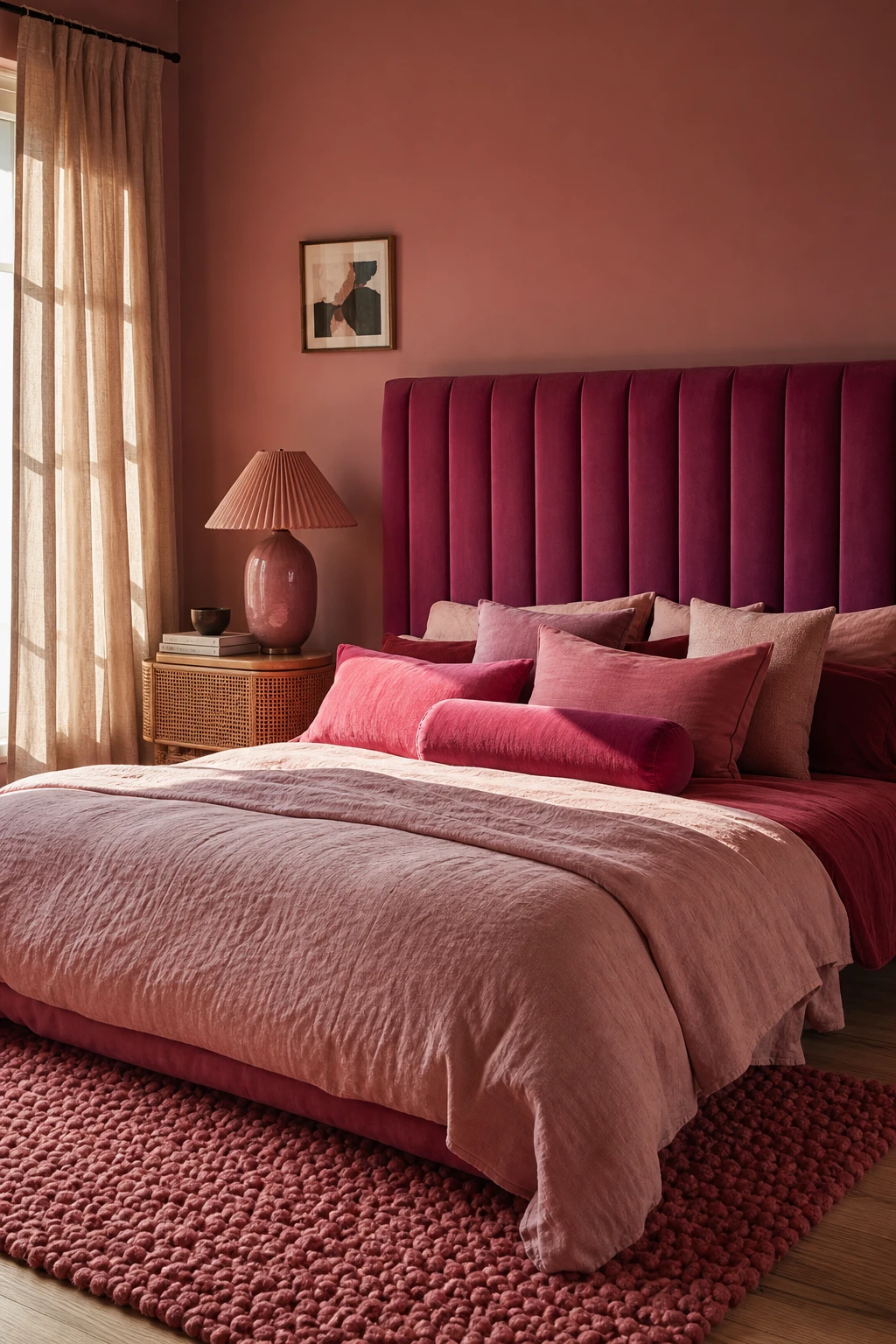 Layered hot pink bedroom with velvet headboard, linen bedding in blush and fuchsia tones, textured rug, and Farrow & Ball Porphyry Pink walls in warm afternoon light