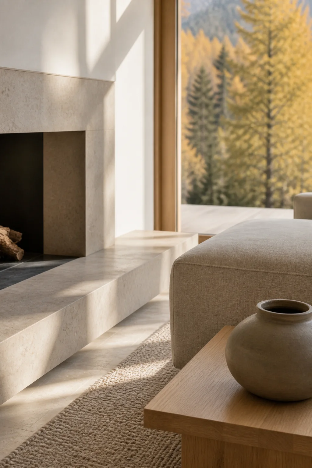 living detail at the Slovenian Alpine House in the Julian Alps in an original fictional editorial architecture story about material, landscape, light and the calm sequence of rooms