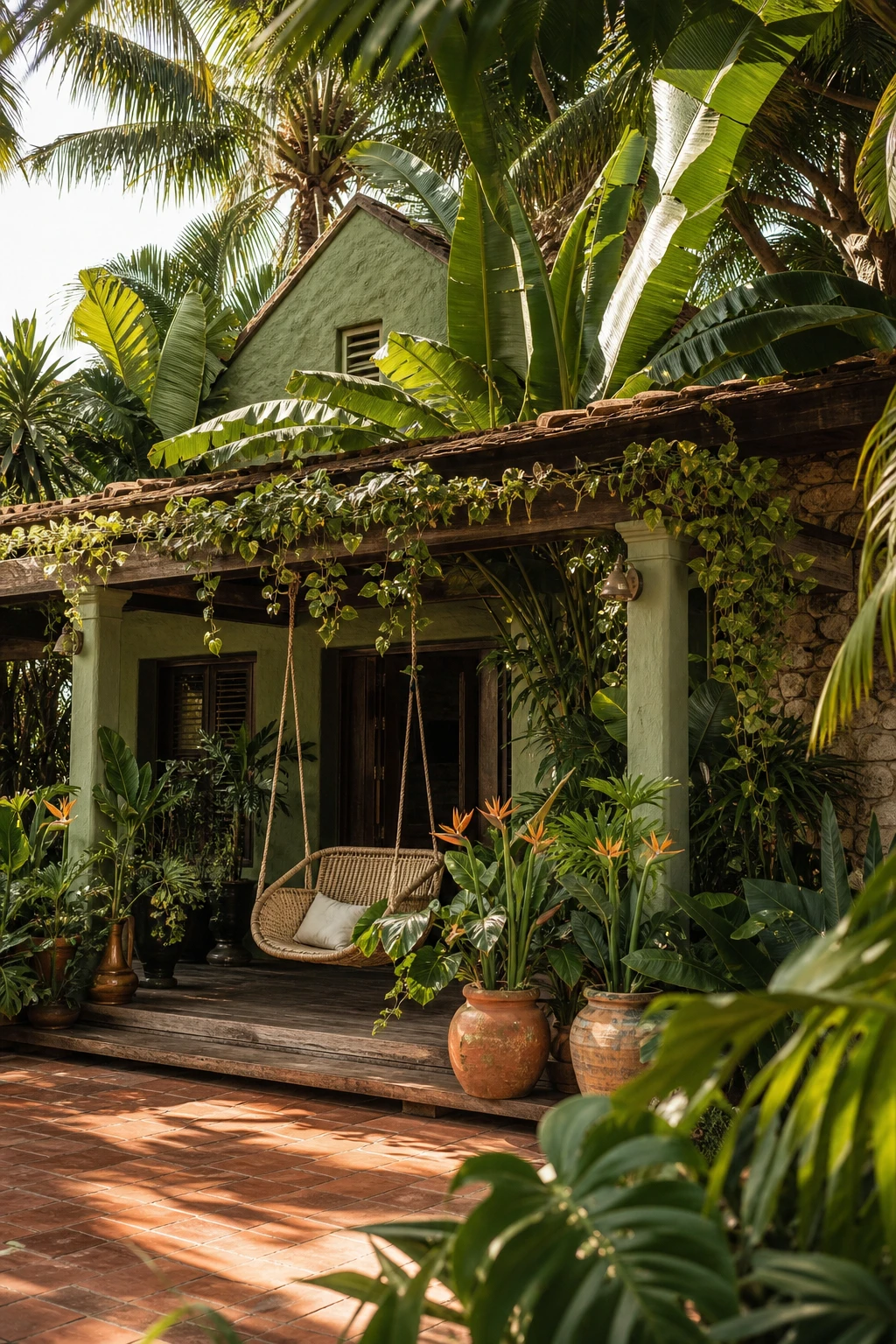 Lush tropical boho bungalow exterior layered with dense palms, banana leaves and climbing vines creating an almost wild canopy effect around the facade