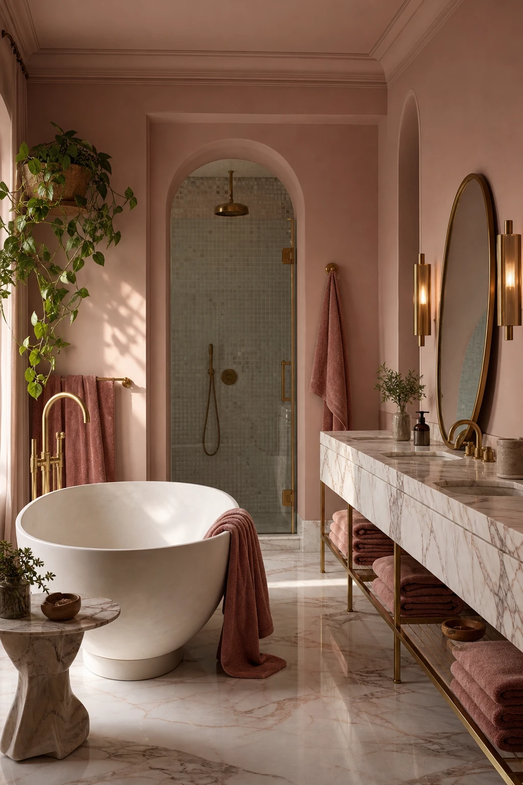 Luxury dusty pink bathroom with marble surfaces, brass fixtures, deep pile towels and Farrow and Ball Blooth Pink painted walls in an opulent layered scheme