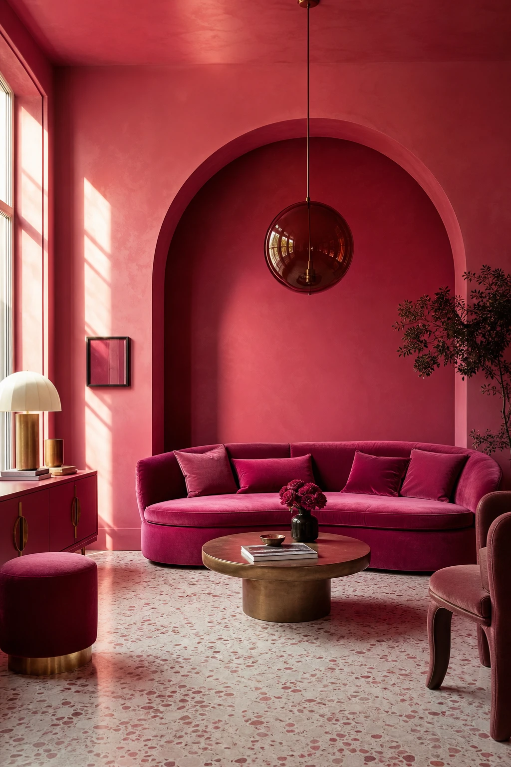Magenta room with deep jewel toned walls, arched alcove, sculptural pendant light, velvet sofa, and terrazzo floor in warm afternoon light
