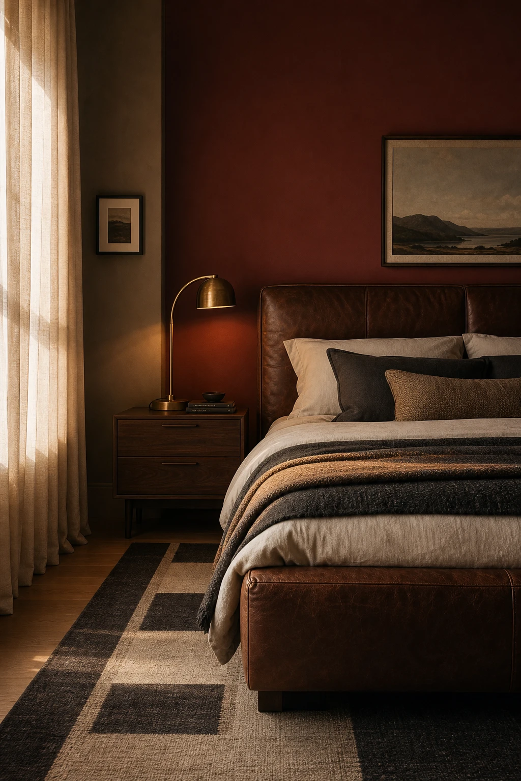Masculine brown accent wall bedroom with rich leather headboard, dark wood furniture, woven textile throw, and warm amber lighting for an inviting retreat