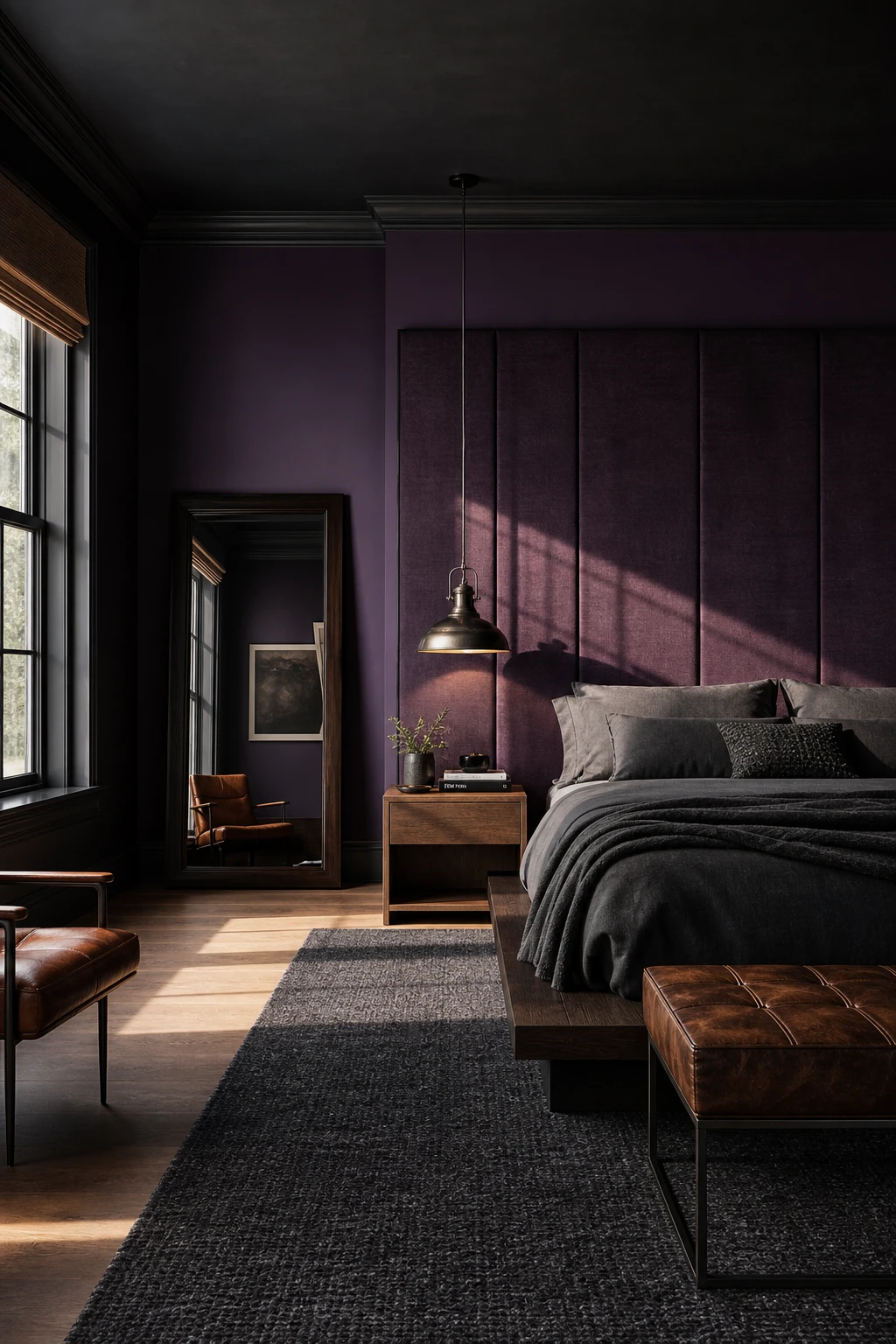 Masculine purple and gray bedroom with dark paneled walls, leather headboard, steel lighting and Farrow & Ball Beetle Black trim in a structured moody interior