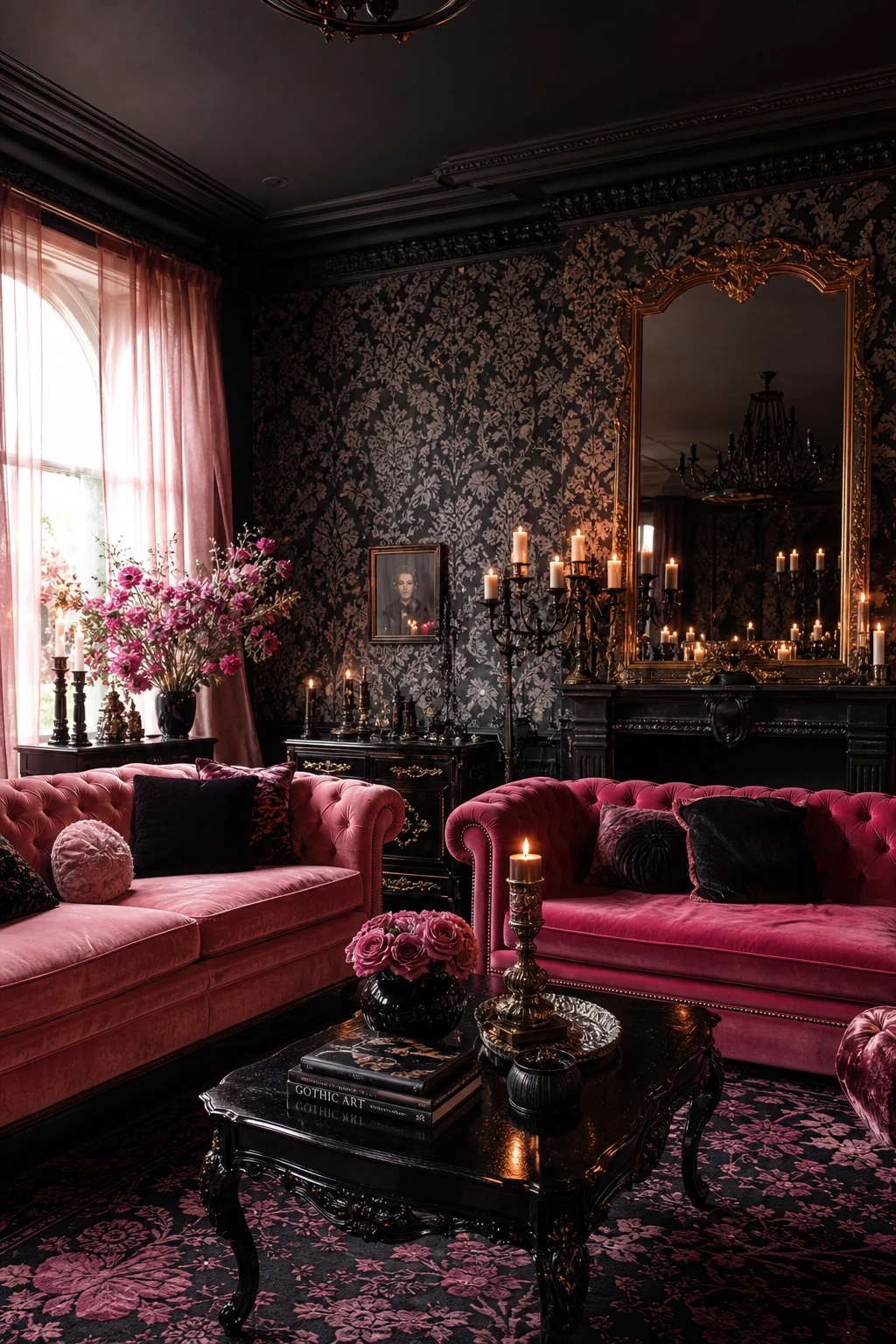 Maximalist goth black and pink interior with velvet drapes, ornate gilt mirror, candelabra, dark wallpaper and dramatic layered decor