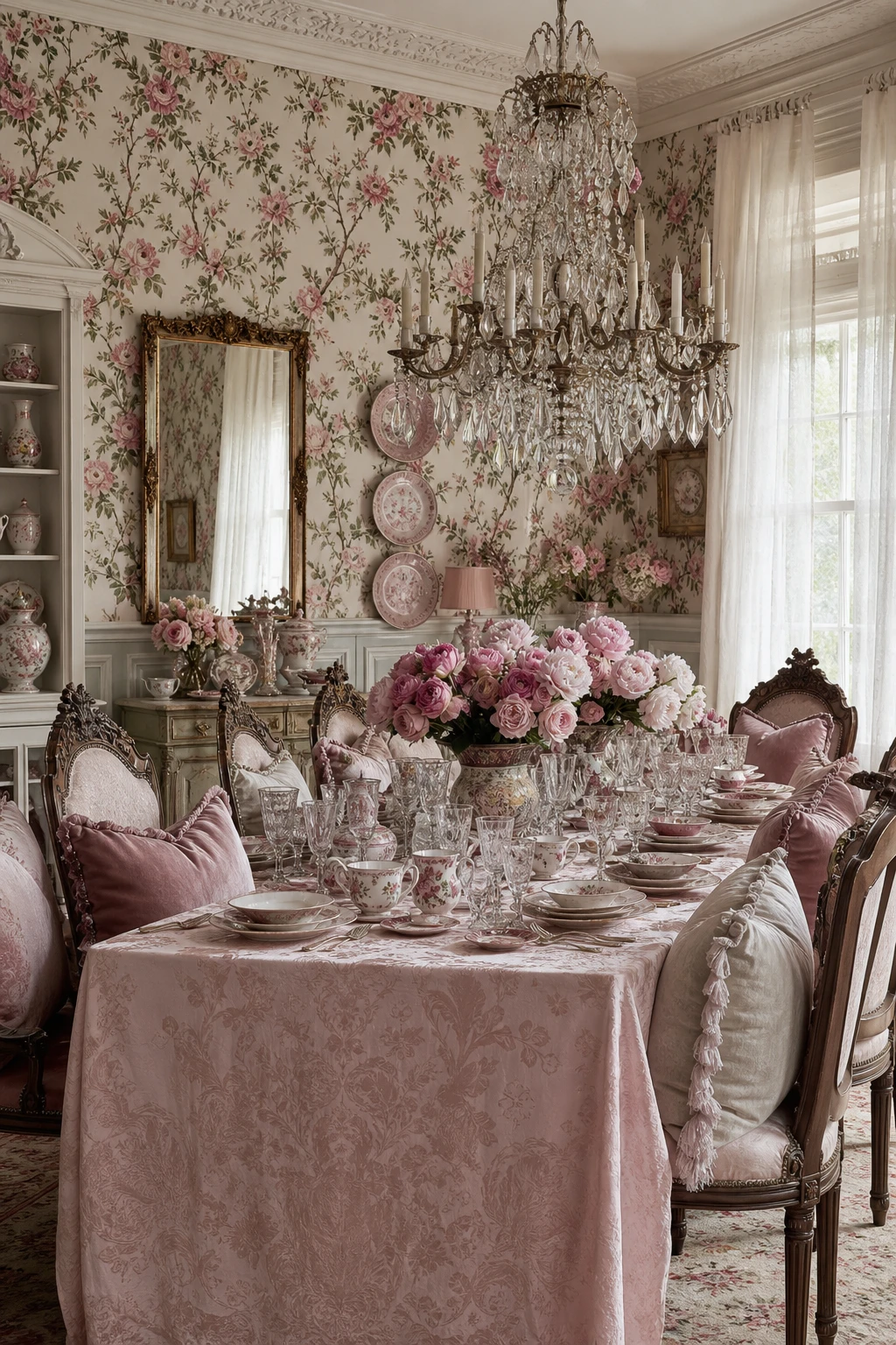 Maximalist pink and white dining room with layered textiles, ornate chandelier, patterned wallpaper, and abundant floral arrangements in warm candlelit light