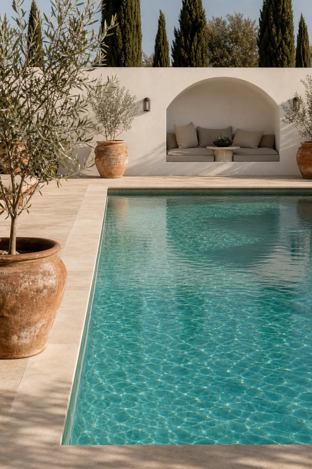 Mediterranean backyard with a neutral toned pool surround, pale stone coping, white rendered walls, and calm water as the visual centrepiece under warm afternoon light