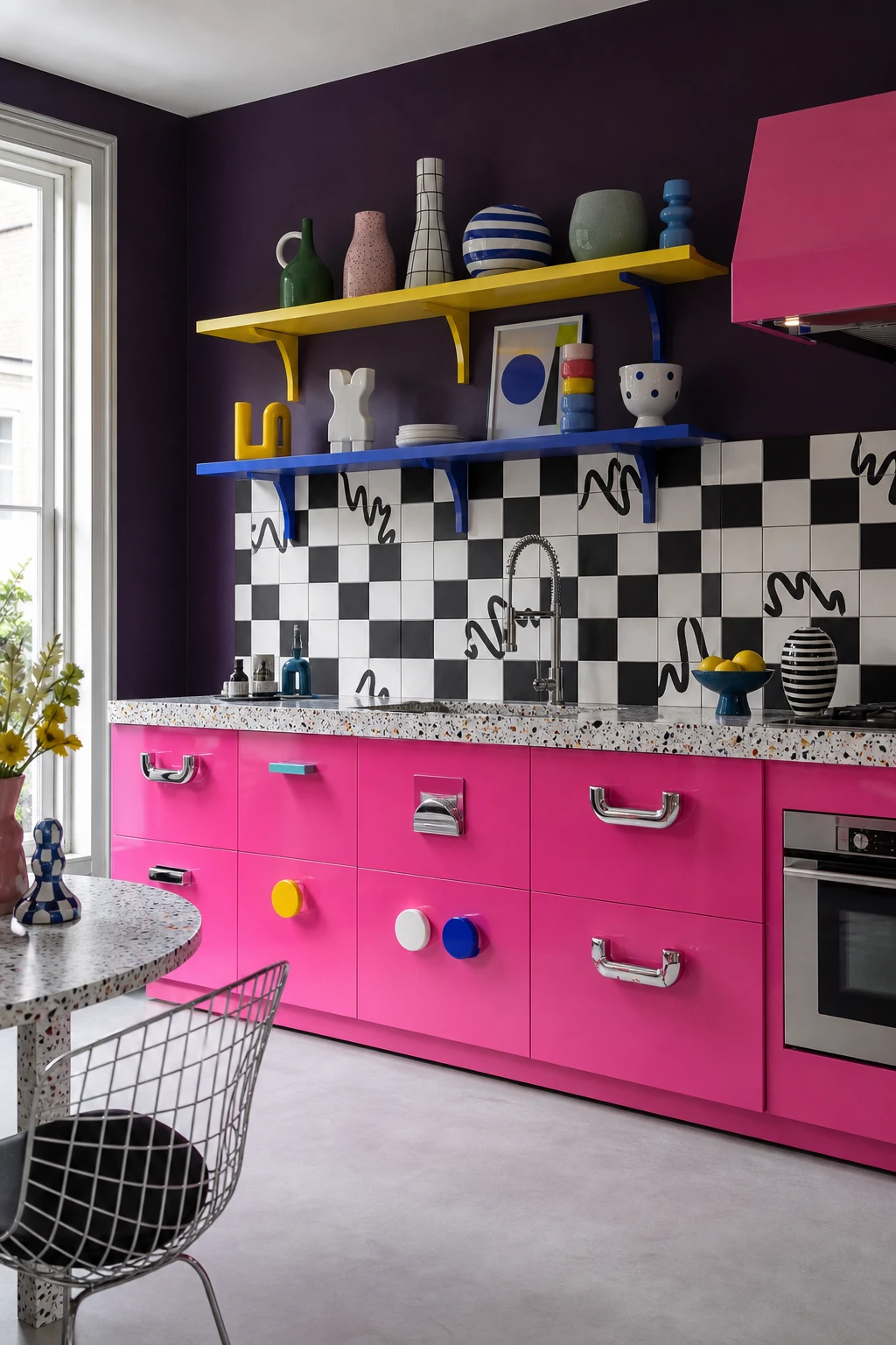 Memphis style kitchen with hot pink cabinetry, geometric tile backsplash, asymmetric shelving, squiggle drawer pulls and Farrow & Ball Brinjal upper walls
