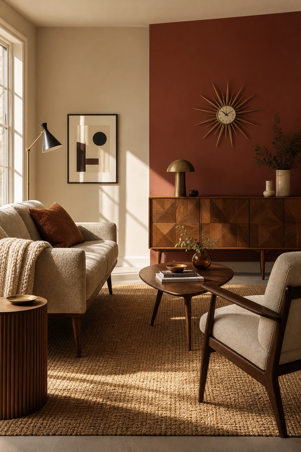 Midcentury modern brown and cream living room with tapered wood leg furniture, geometric frames, and Farrow and Ball Fox Red accent wall