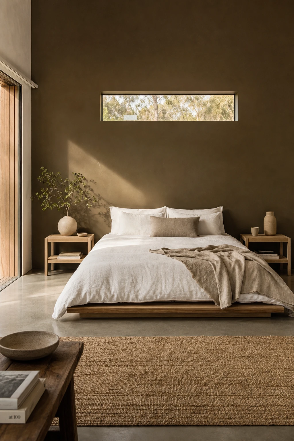 Minimalist brown accent wall bedroom with a single Broccoli Brown painted wall as the hero, paired with white bedding and natural wood furniture