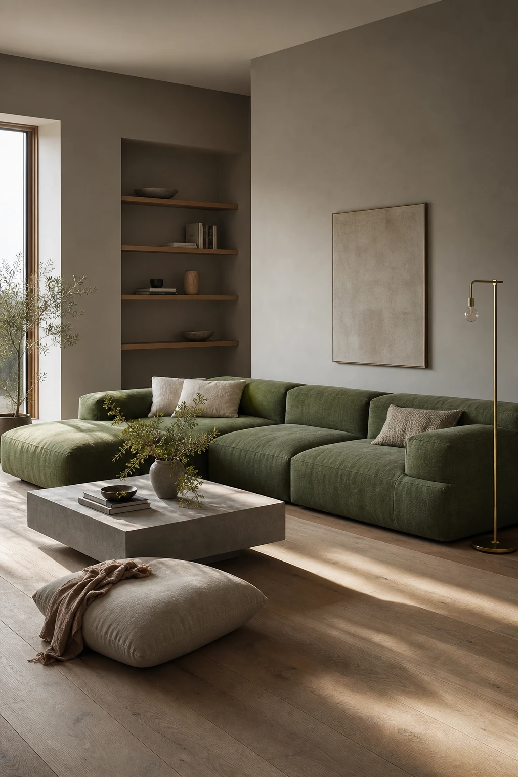 Minimalist gray and green living room with a large green sectional sofa as the focal point, Farrow and Ball Lamp Room Gray walls, natural light, clean lines