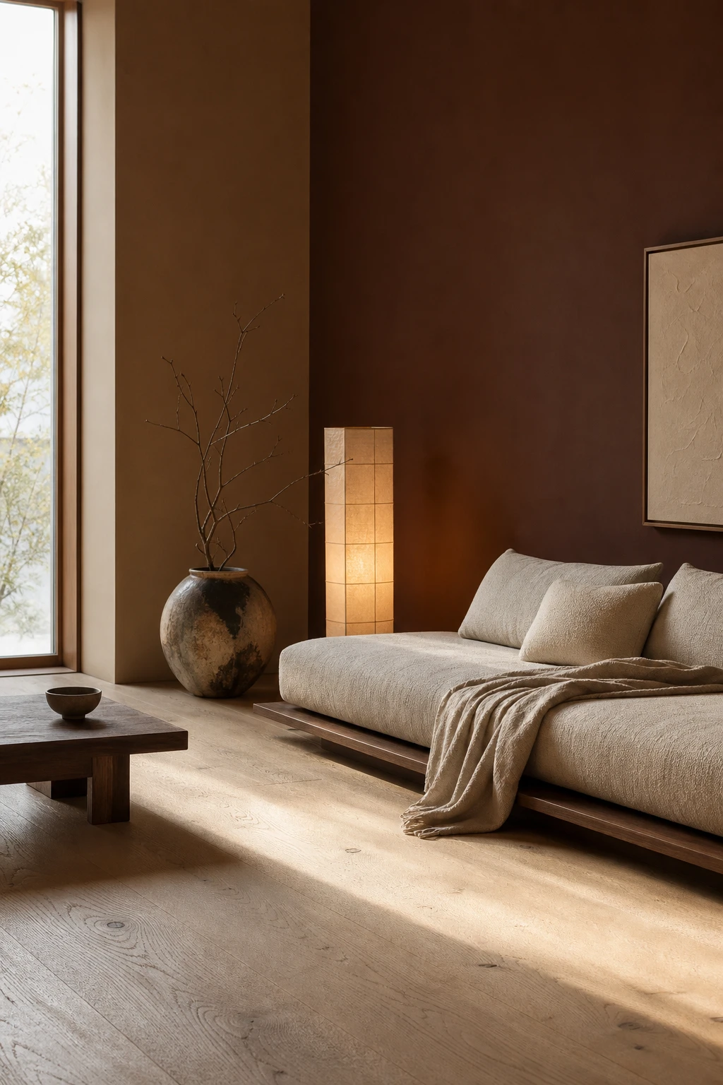 Minimalist Japandi brown and cream living room with low walnut sofa, shoji screen, linen cushions, and Farrow & Ball Deep Reddish Brown accent wall