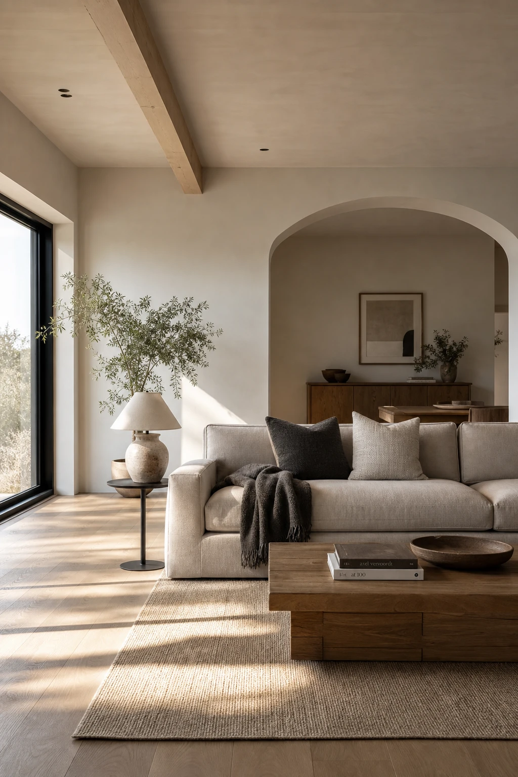 Minimalist living room in black white gray and natural wood with Farrow and Ball Wevet walls warm linen sofa and oak floor bathed in afternoon light