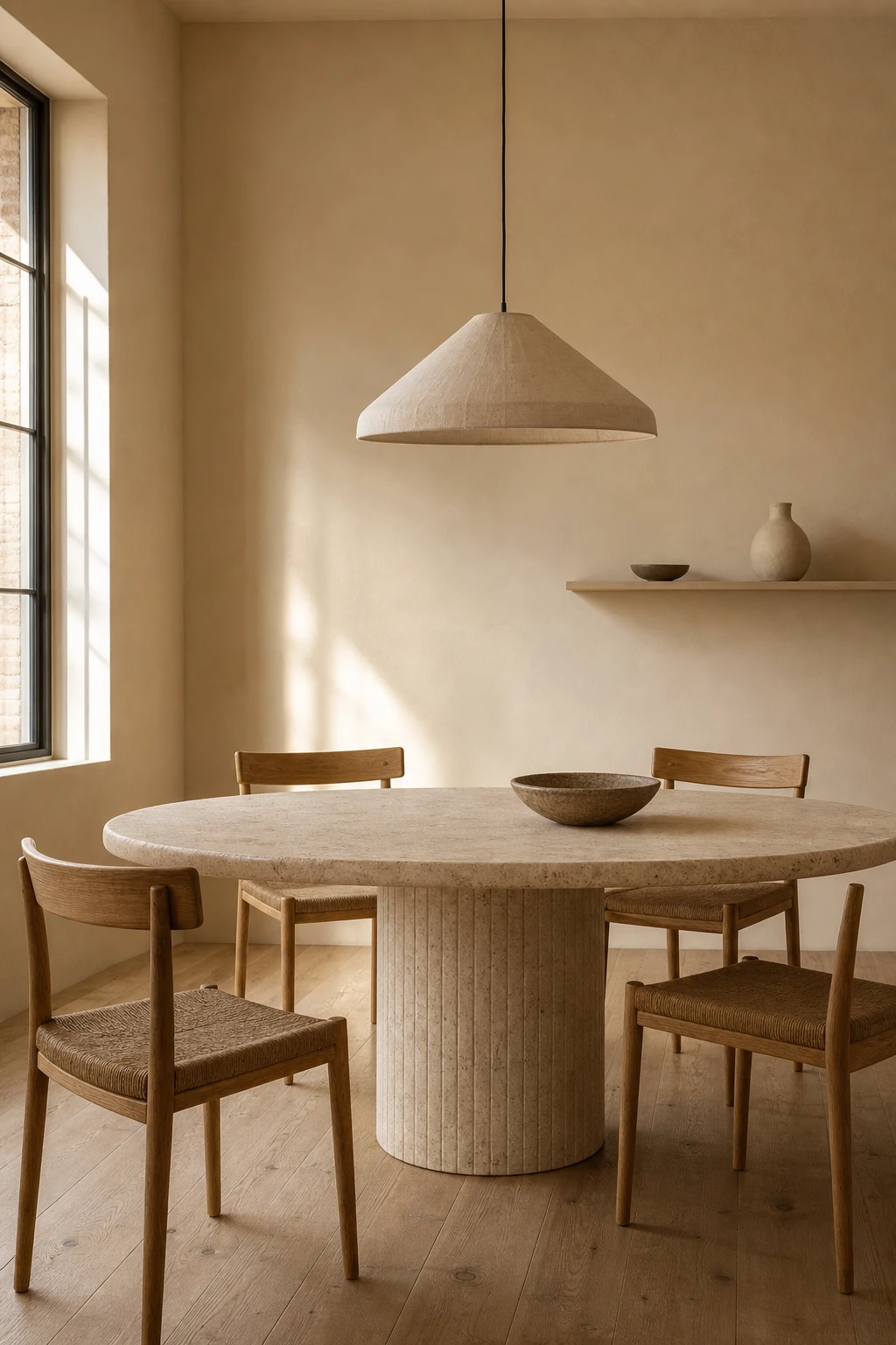 Minimalist neutral dining room with a spare oval table, slim chairs, and warm Biscuit painted walls bathed in soft afternoon sidelight