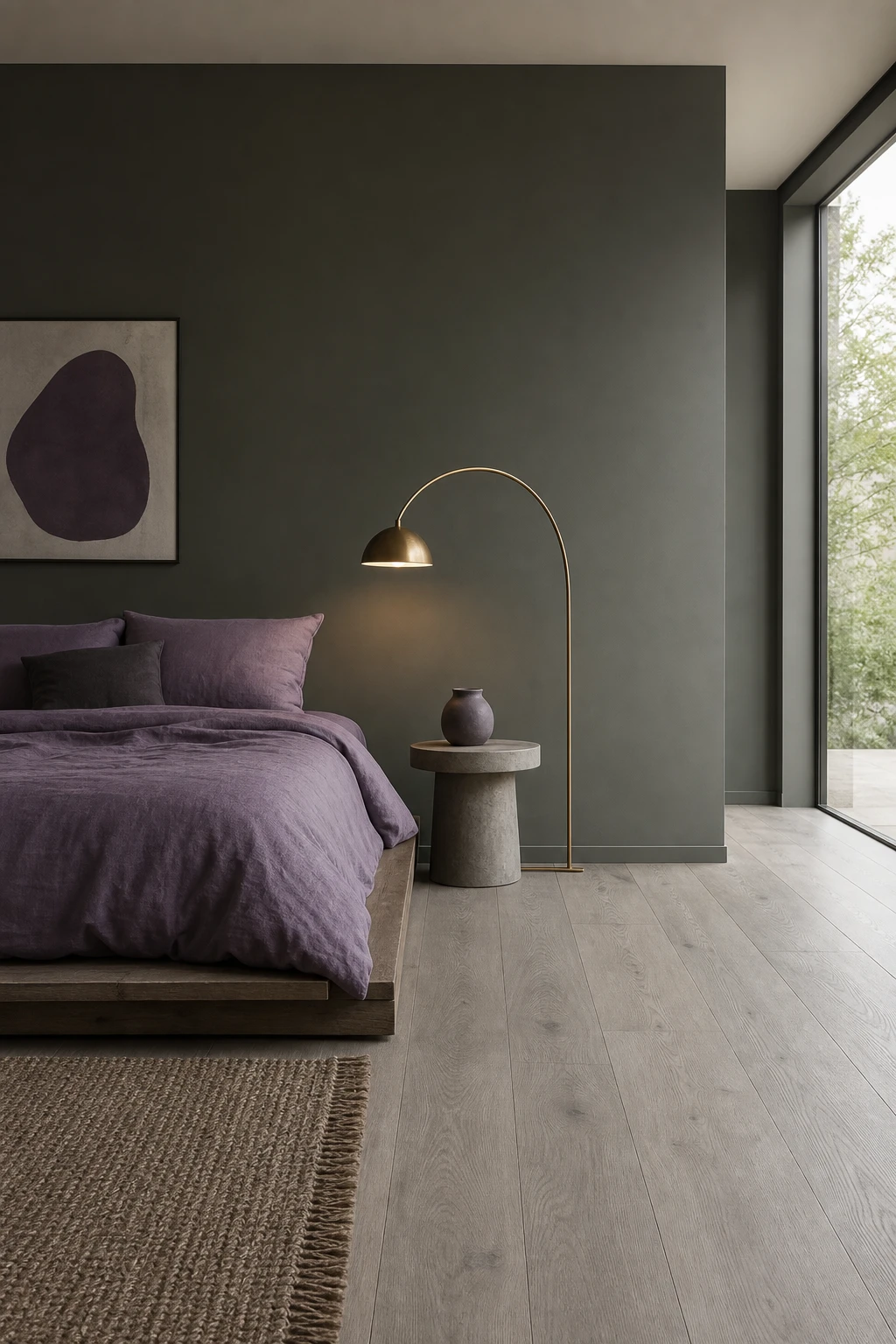 Minimalist purple and gray bedroom with a low platform bed, single pendant light, and Farrow and Ball Reduced Green accent wall in soft natural morning light