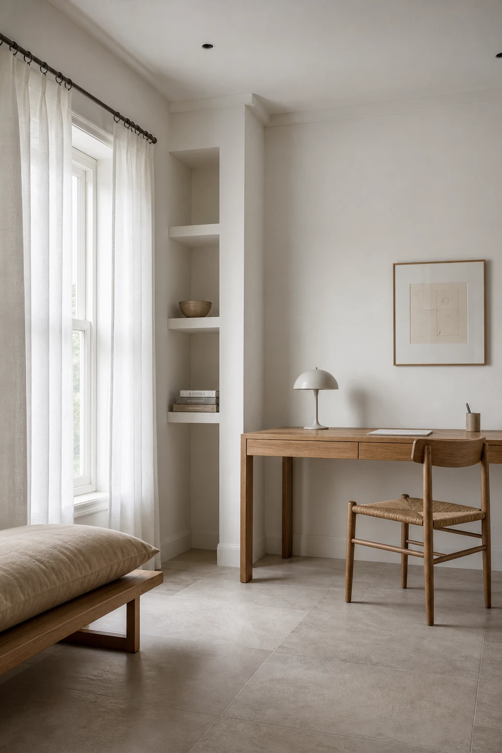 Minimalist white home office with warm linen textures, slim desk, and Farrow and Ball Wevet painted walls in soft cool white natural morning light