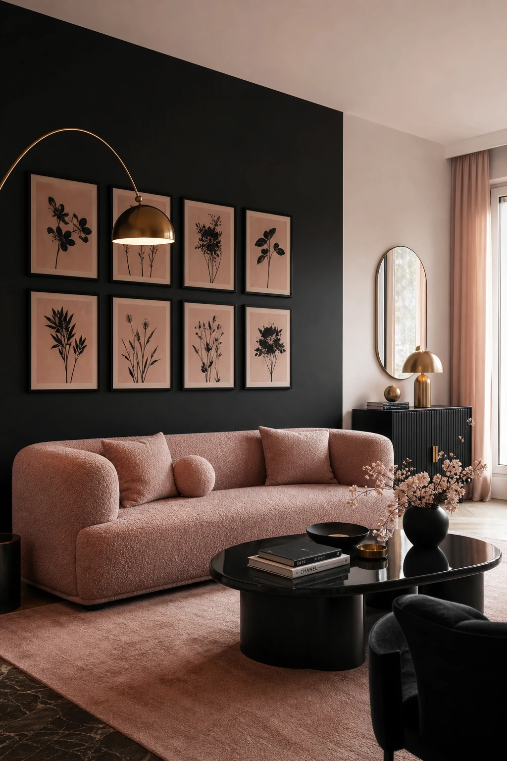 Modern black and pink interior design living room with bold contrast palette, clean lines, and Farrow & Ball Pitch Black accent wall