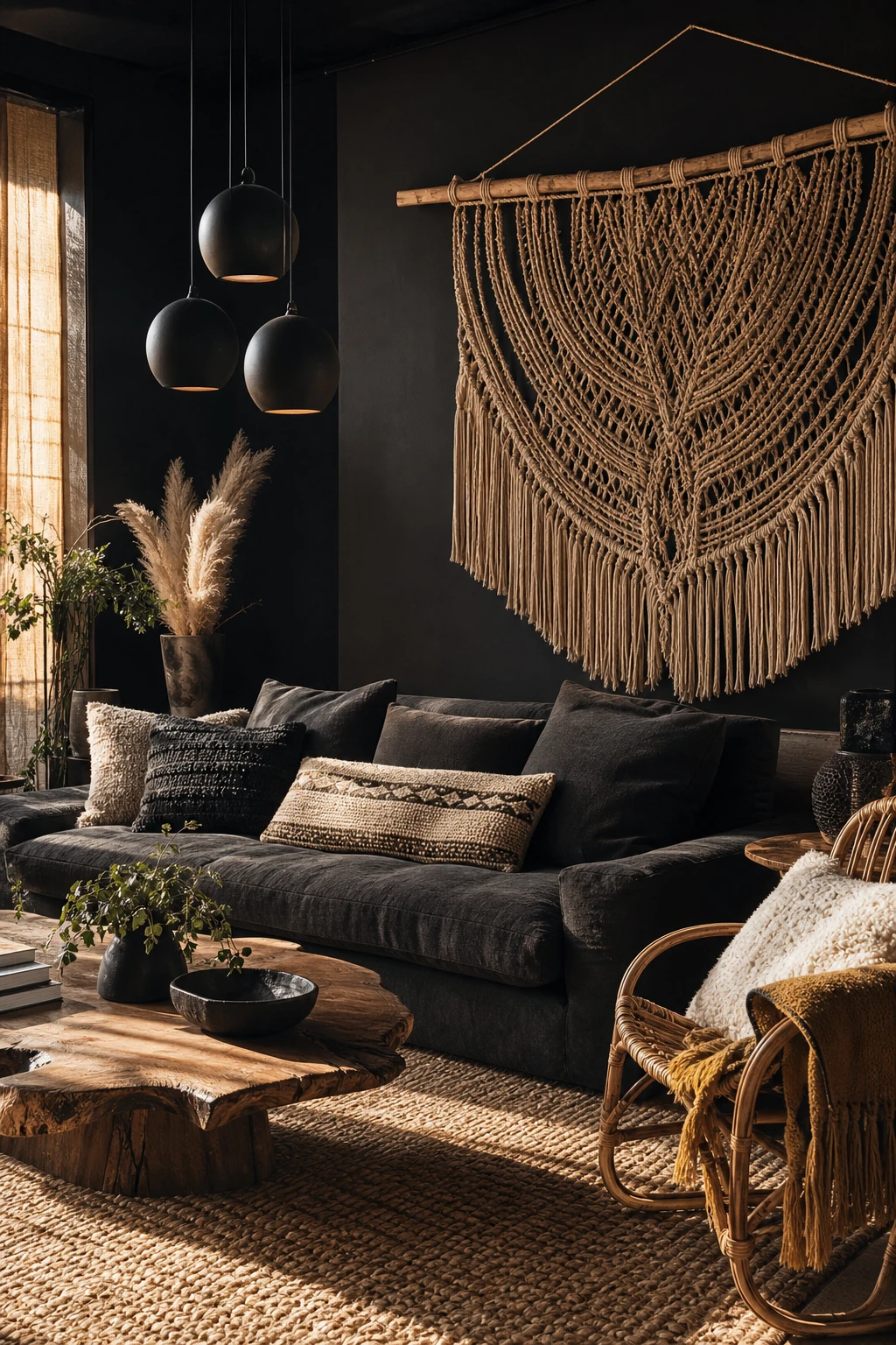Modern boho black living room with clean architectural lines, layered textiles, rattan accents, macrame wall hanging, and Off Black painted walls in warm natural light