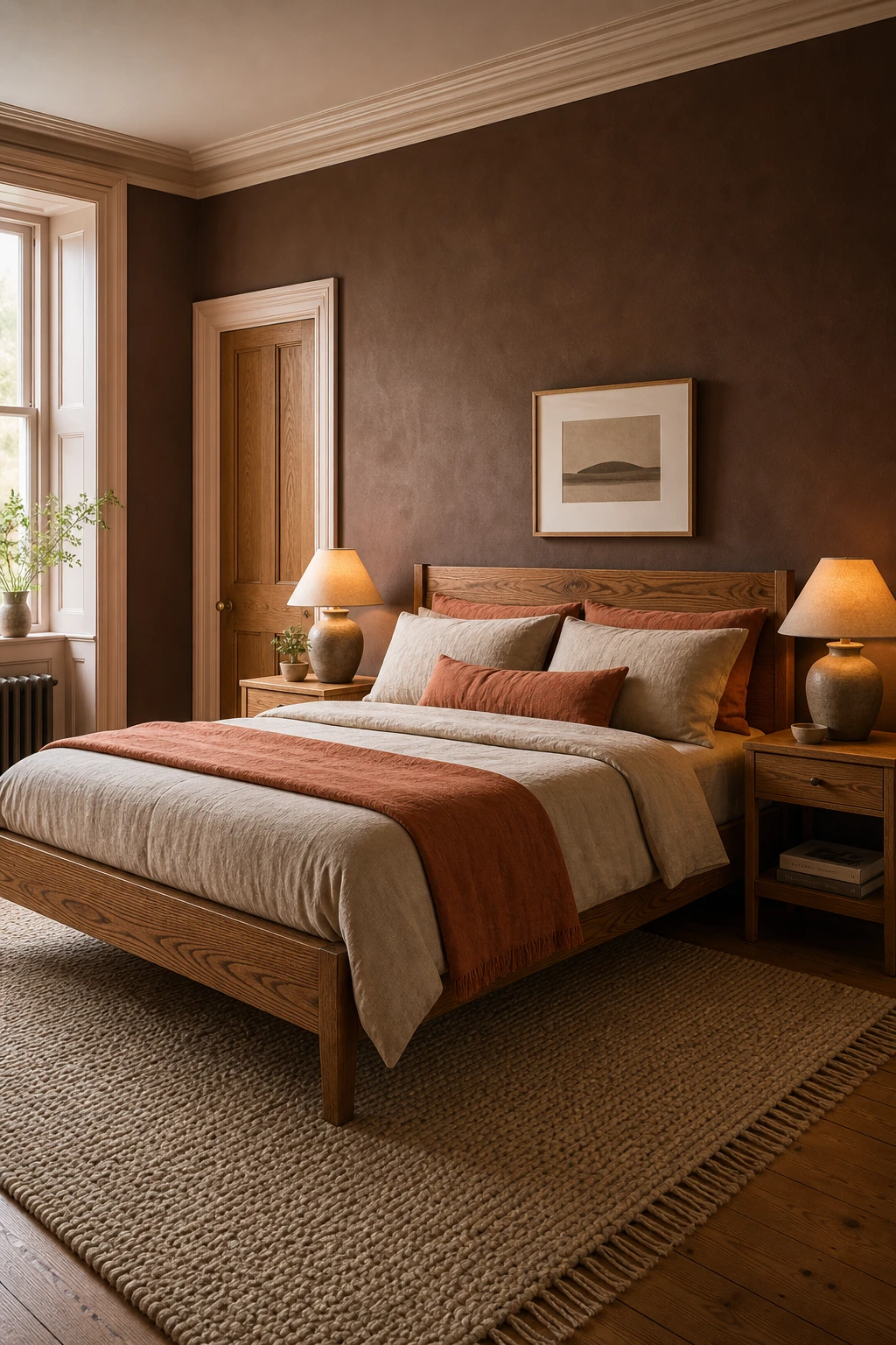 Modern brown accent wall bedroom with a natural wood grain bed frame as the hero, styled with earthy textiles and Farrow and Ball Ointment Pink trim