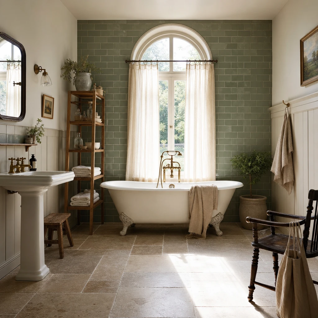 Modern English country bathroom with a claw foot tub, sage green metro tiles, tongue and groove panelling, a pedestal sink, and aged brass fittings in soft late morning window light.