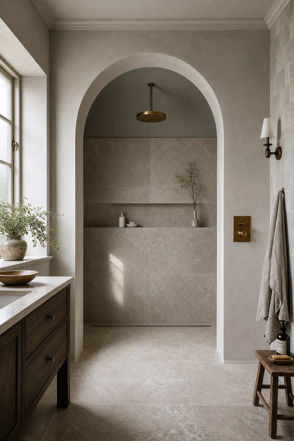 Modern English Country Bathroom wet room with an arched shower niche in Farrow and Ball French Gray, stone floor, brass fittings, and soft morning light