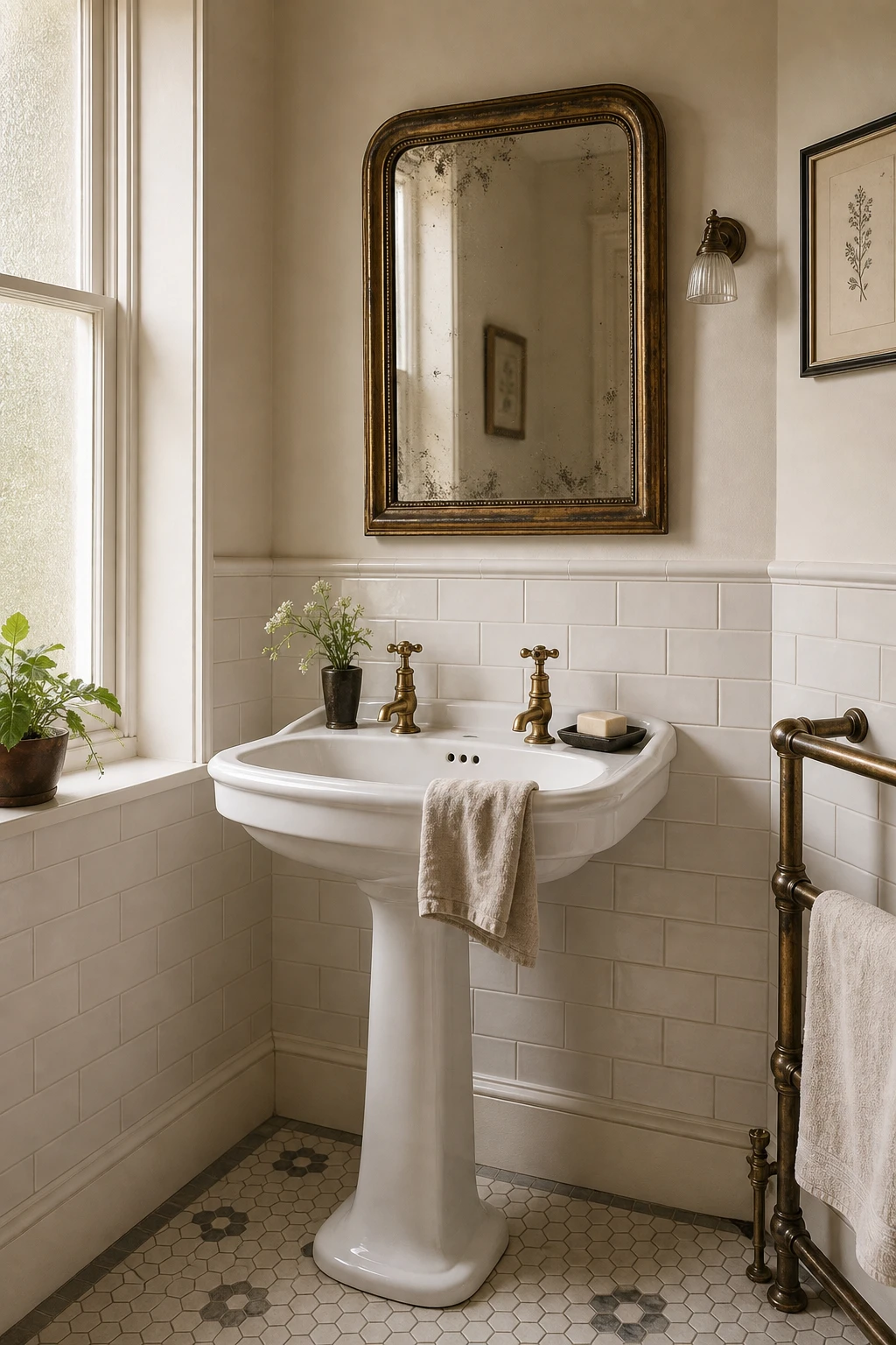 Modern English Country Bathroom with a classic pedestal sink as the hero, warm Shaded White walls, subway tile, brass taps, and a aged mirror above