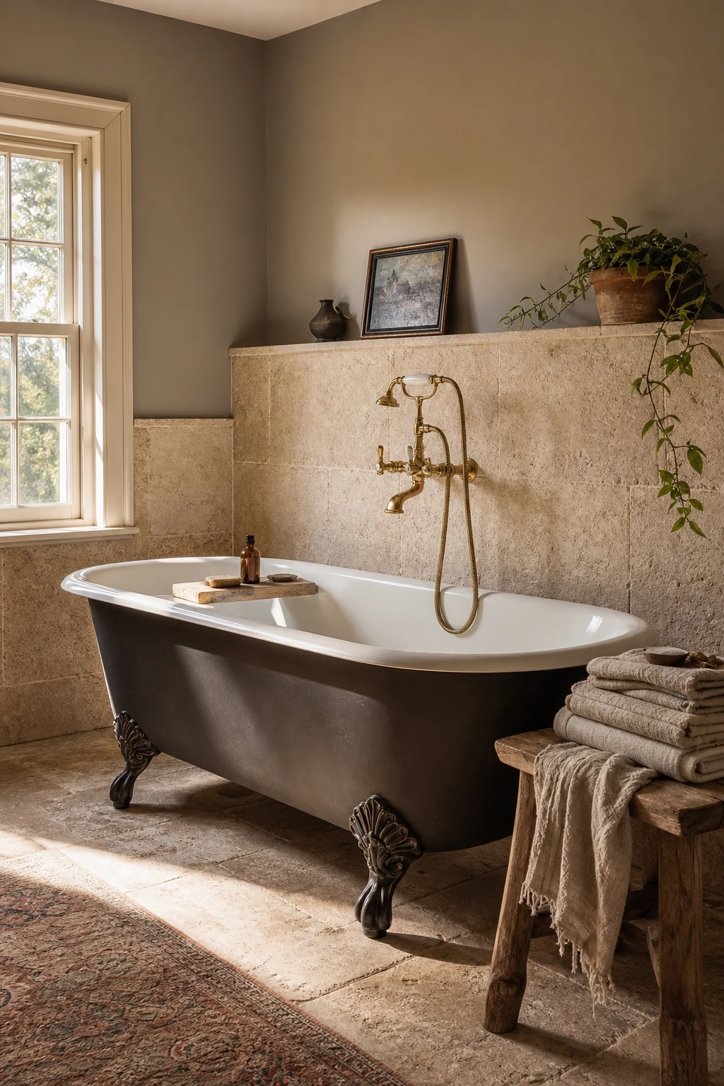 Modern English Country Bathroom with a freestanding clawfoot tub as the centrepiece, surrounded by raw stone walls painted Farrow & Ball Wevet cool white