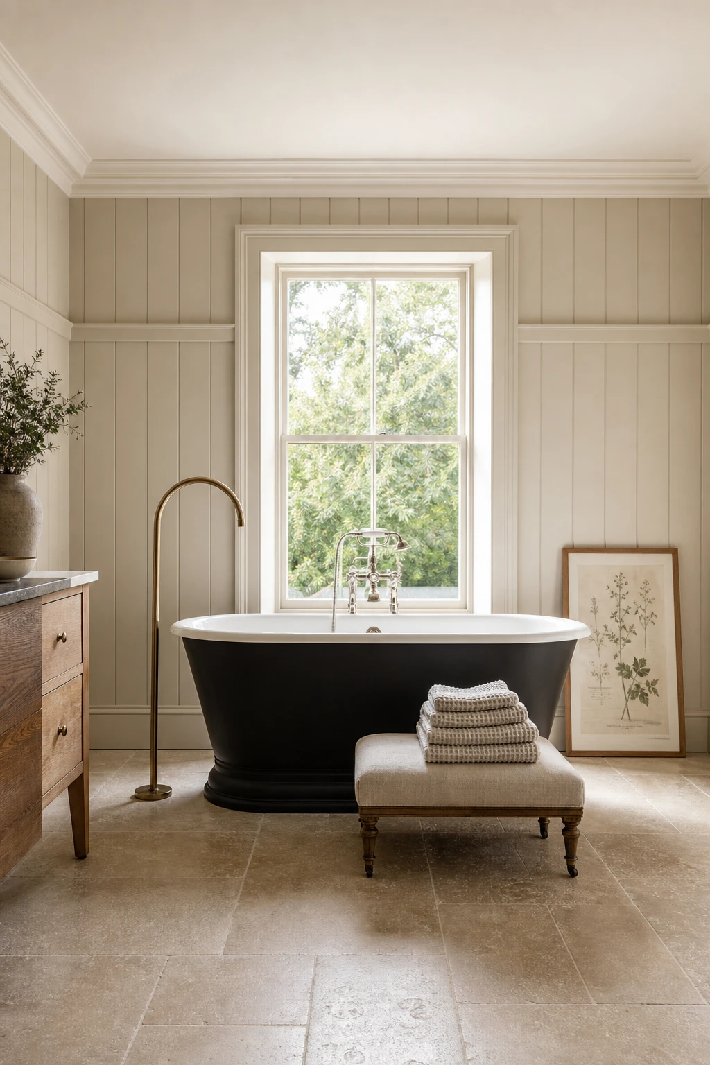 Modern English Country Bathroom with a freestanding tub centred beneath a tall sash window, walls in Farrow & Ball Skimming Stone, natural morning light