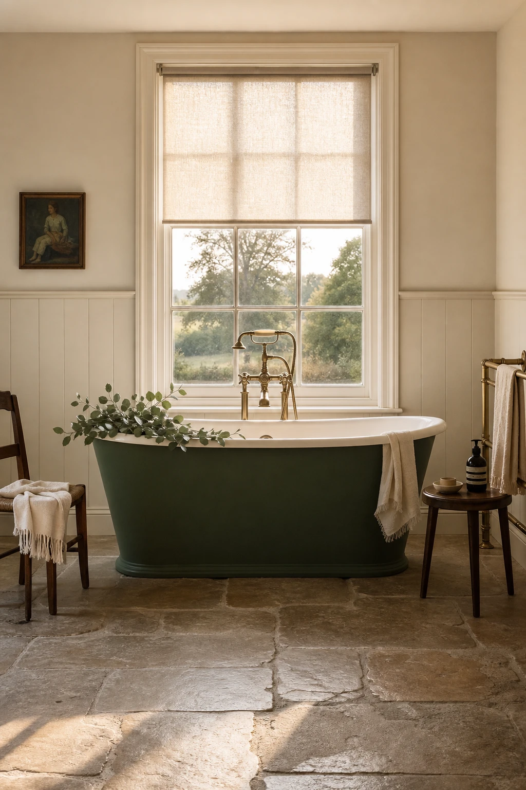 Modern English Country Bathroom with a sage green coloured freestanding tub as the focal point, set against white panelled walls with natural light