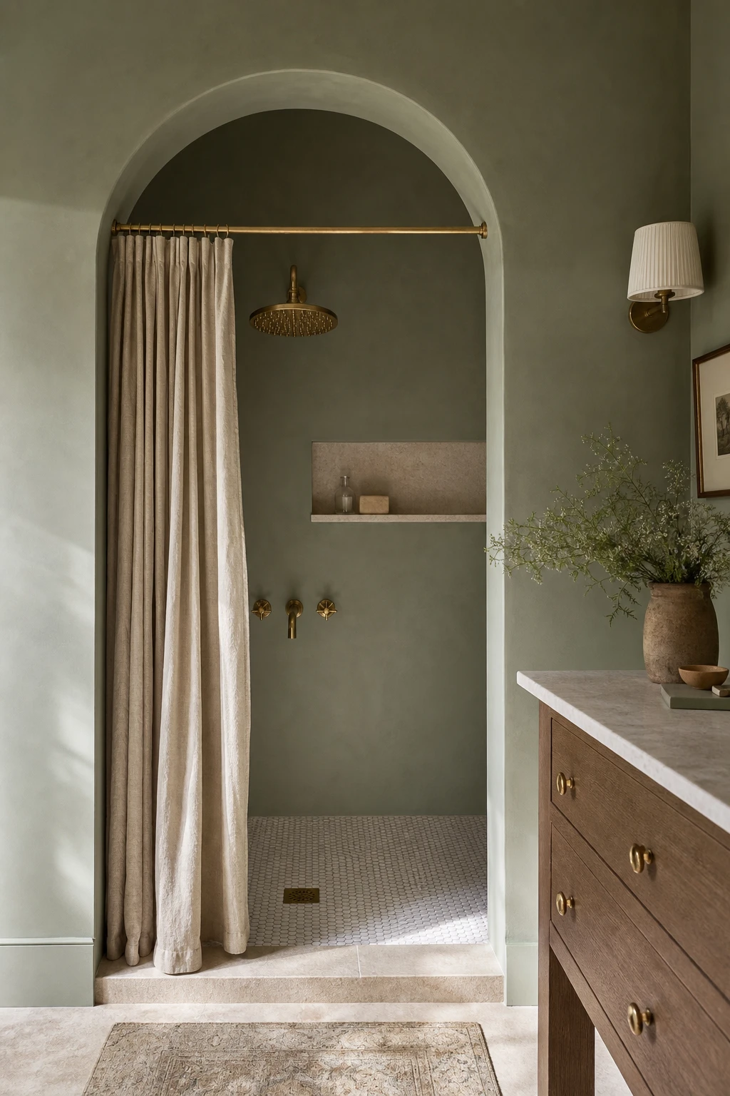 Modern English Country Bathroom with an arched shower alcove painted in Farrow & Ball Cromarty sage green, white penny tiles, brass fixtures and a linen curtain