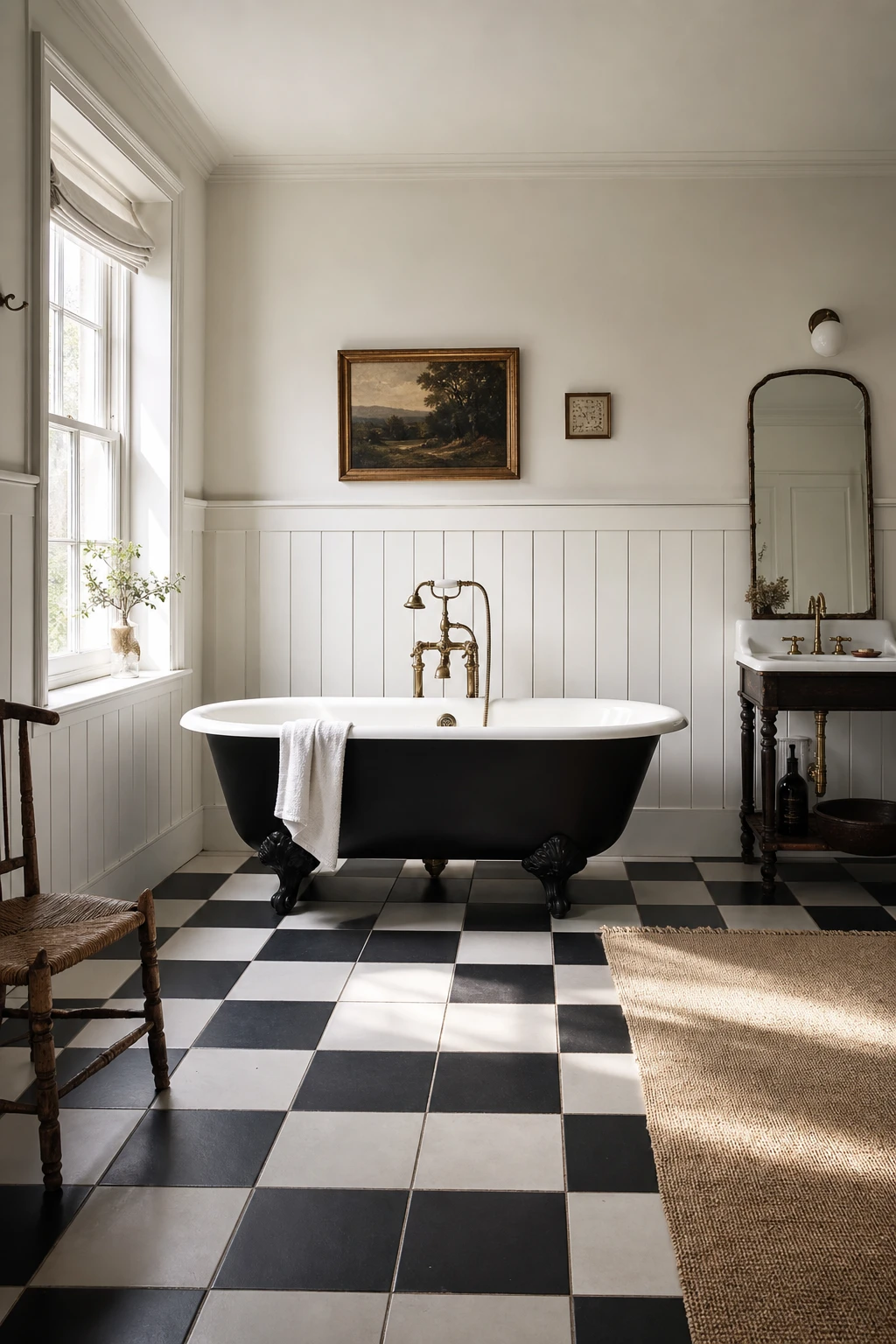 Modern English Country Bathroom with bold black and white floor tiles, freestanding tub, shiplap walls in All White paint, and brass fixtures in soft morning light