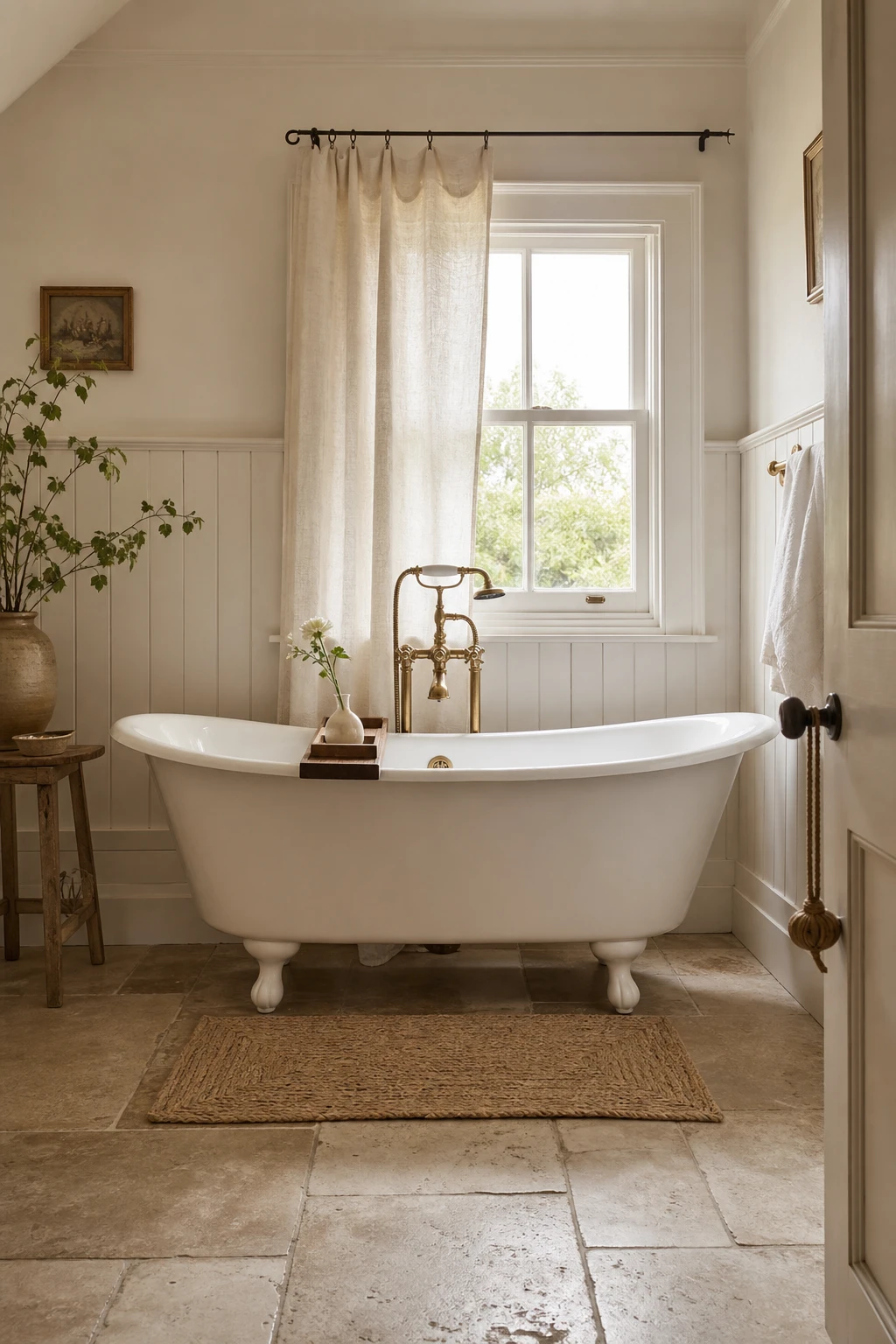 Modern English Country Bathroom with cottage charm, roll top bath, tongue and groove panelling, aged brass taps and soft warm white walls in natural morning light