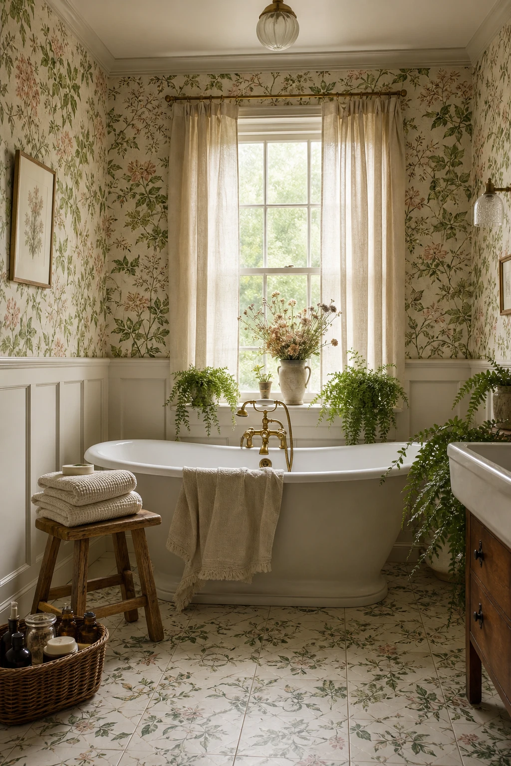 Modern English Country Bathroom with cottagecore botanicals as the hero, featuring botanical print wallpaper, freestanding tub, wicker accessories, and warm Dimity painted walls