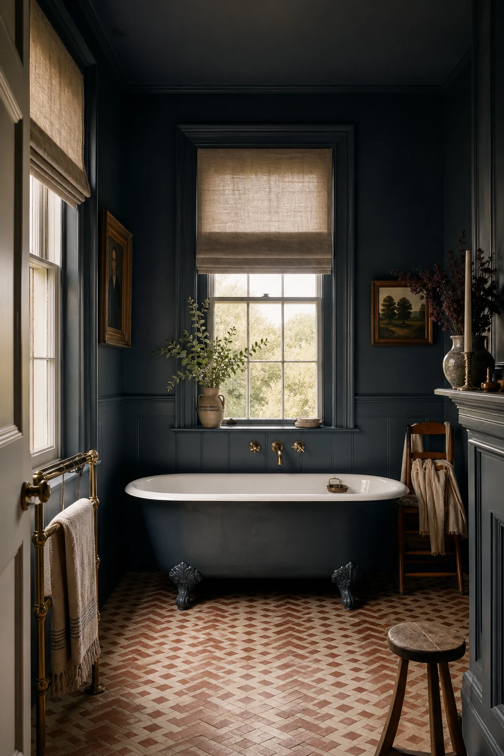 Modern English Country Bathroom with dark moody Inchyra Blue painted walls, freestanding roll top bath, brass fixtures, and soft candlelight warmth