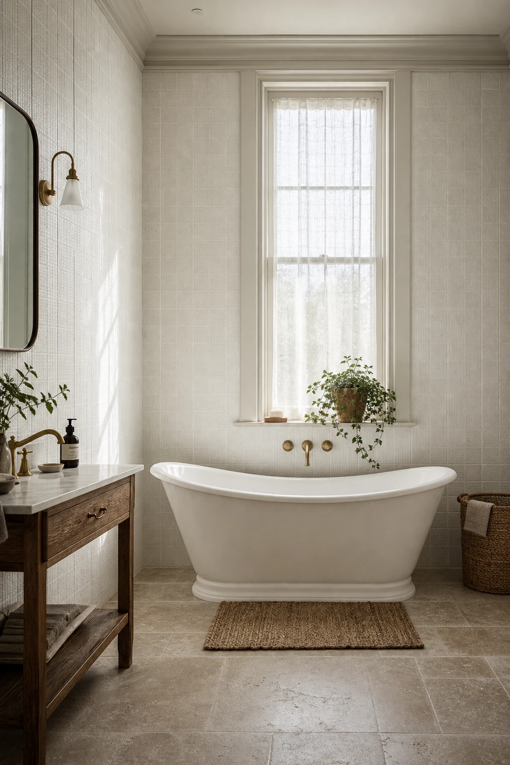 Modern English Country Bathroom with floor to ceiling tiles covering every wall surface, tall sash window, freestanding bath, aged brass fittings and soft cool white tones