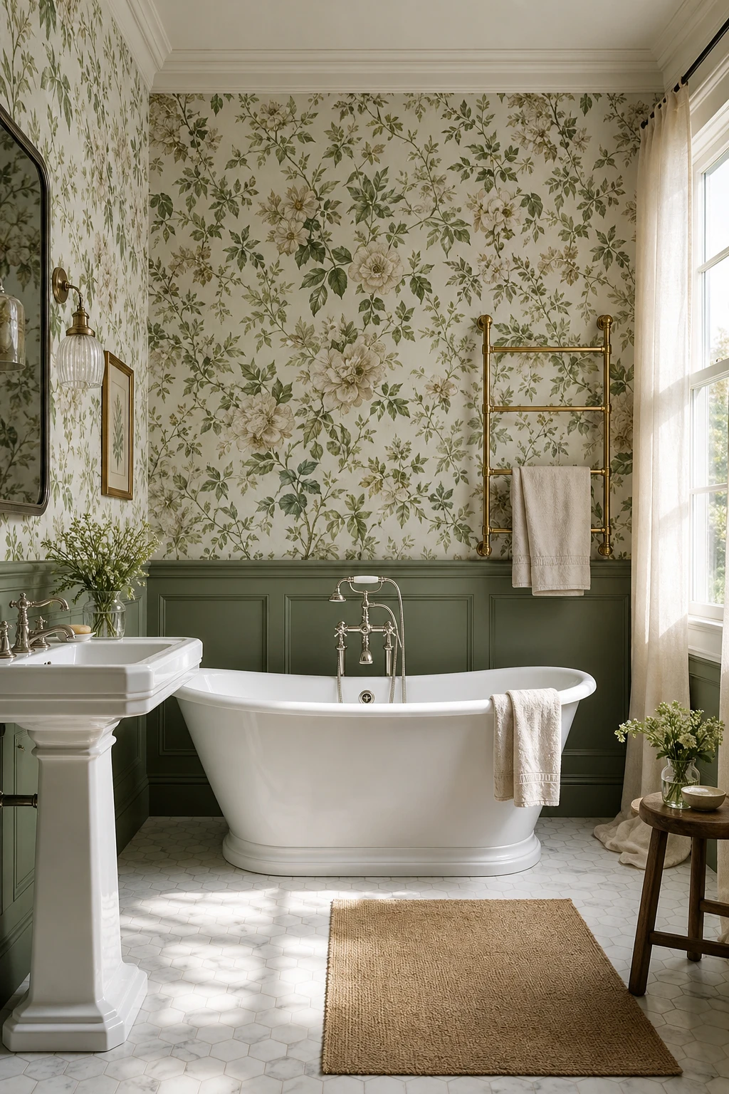 Modern English Country Bathroom with floral wallpaper as the hero, sage green tones, freestanding tub, marble floor, and natural morning light through a sash window