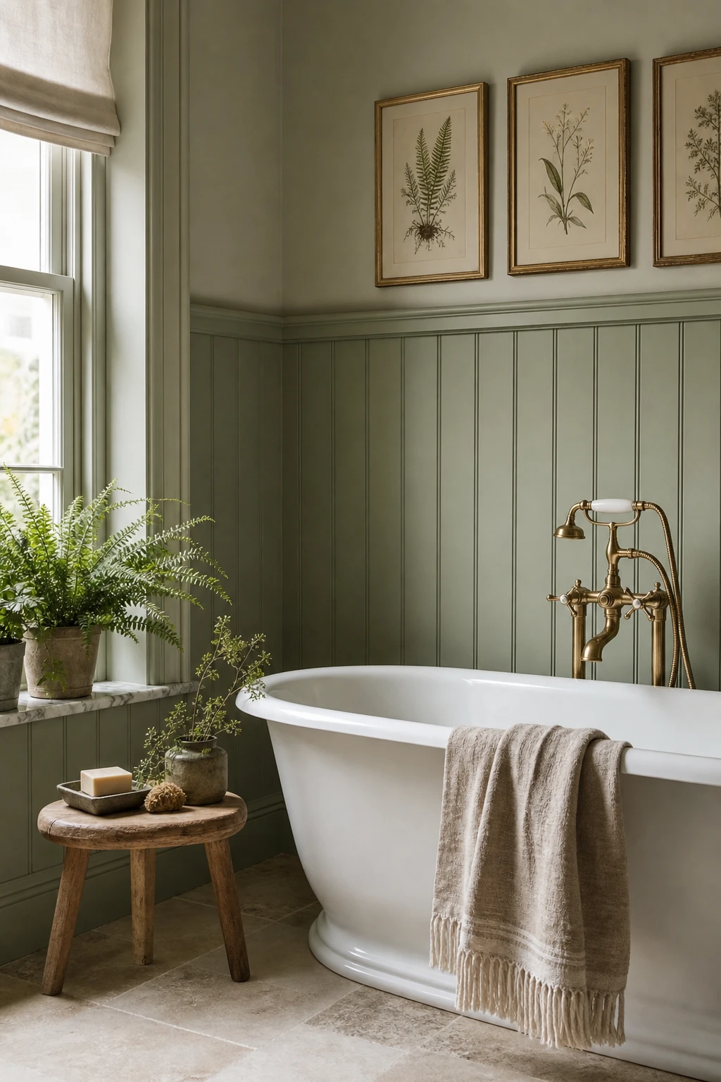 Modern English Country Bathroom with green accents including sage panelling, botanical prints, fern planter and aged brass fixtures in soft natural light