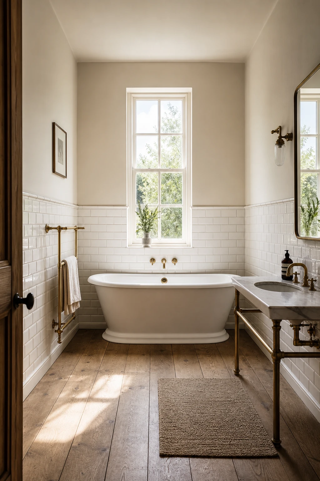 Modern English Country Bathroom with half tiled walls in white metro tile, Wimborne White painted upper walls, freestanding bath, brass fittings and oak flooring