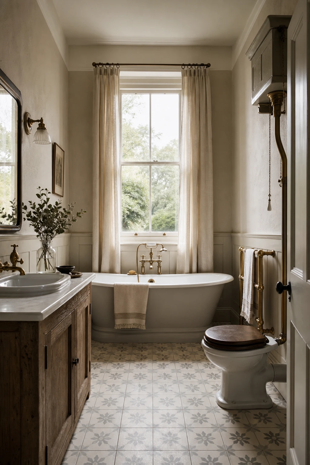 Modern English Country Bathroom with heritage details as hero, featuring period brass taps, panelled walls in Farrow and Ball Clunch, a rolled rim cast iron bath and vintage style floor tiles