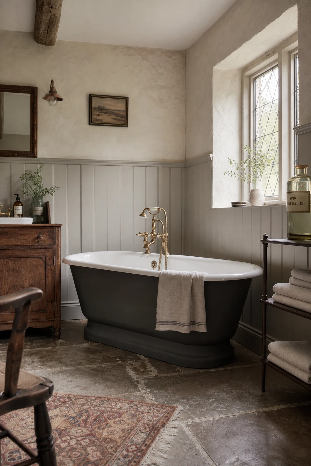 Modern English country bathroom with layered country feel, rollop bath, tongue and groove panelling, warm white walls and natural linen textiles in soft morning light