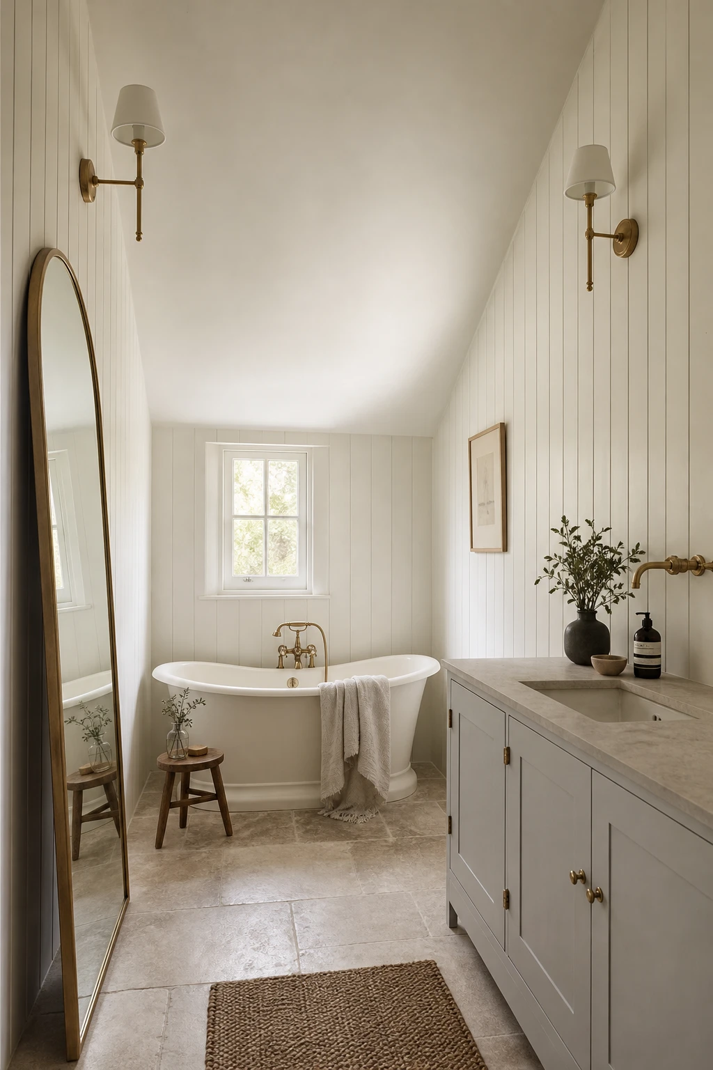 Modern English Country Bathroom with low ceiling painted Great White, featuring vertical shiplap, tall narrow mirror, wall sconces and stone tile floor